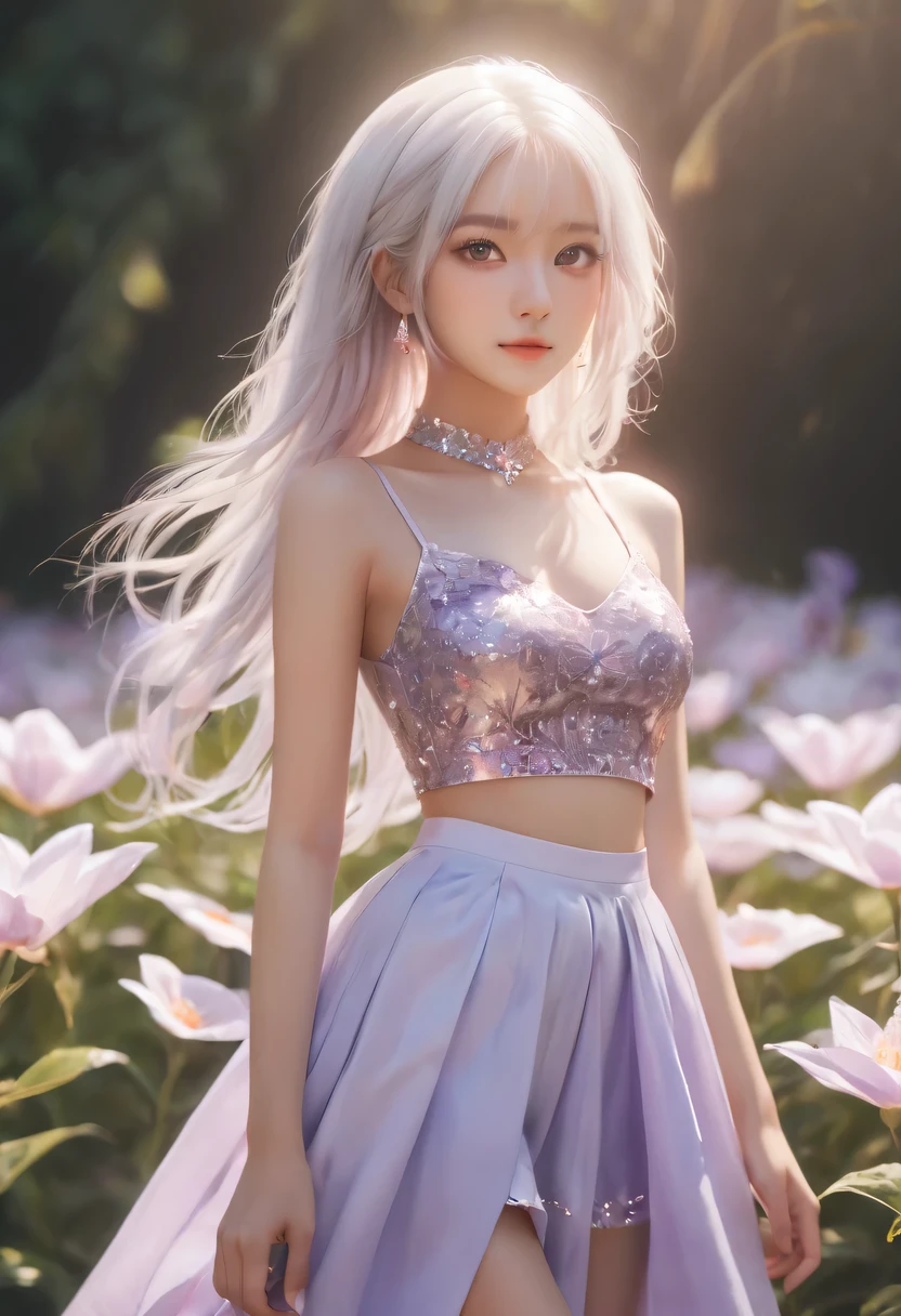 realistic, 1girl, white hair, purple eyes, glowing eyes, crop top, skirt, parted lips, blush, night, flowers, sun, sunlight,