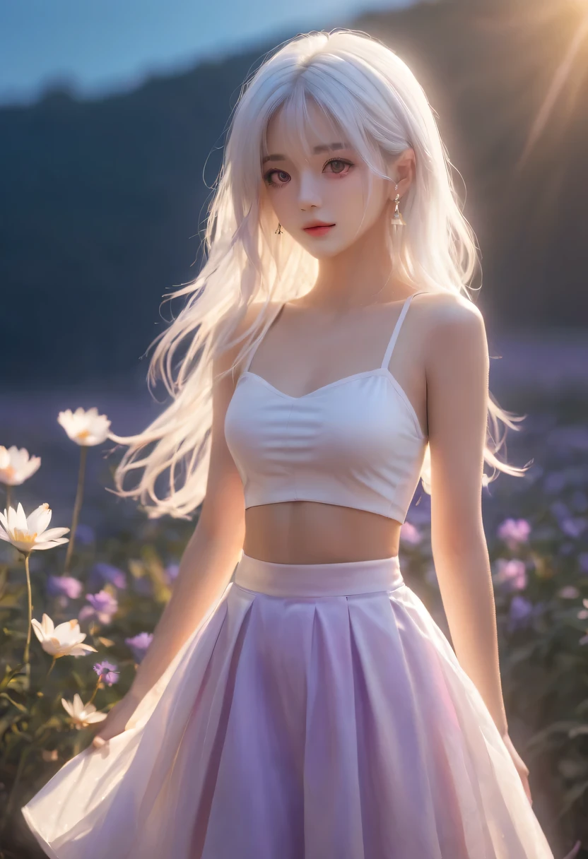 actual, 1 girl, white hair, purple eyes, glowing eyes, crop top, skirt, blush, night, flowers, sun, sunlight,