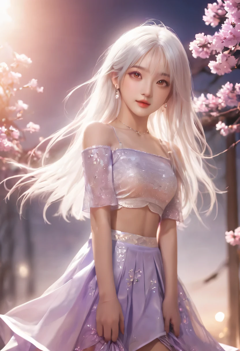 actual, 1 girl, white hair, purple eyes, glowing eyes, crop top, skirt, blush, night, flowers, sun, sunlight,