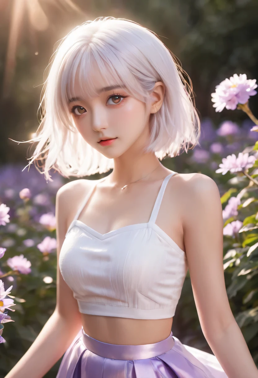 Realistic, 1girl, white hair, purple eyes, glowing eyes, cropped top, skirt, parted lips, blush, night, flowers, sun, sunlight, white skirt, short skirt, medium length hair, real, warm colors, white short Dress, white clothes, light background color, day environment, bright color background, saudi, ocean, cute,
