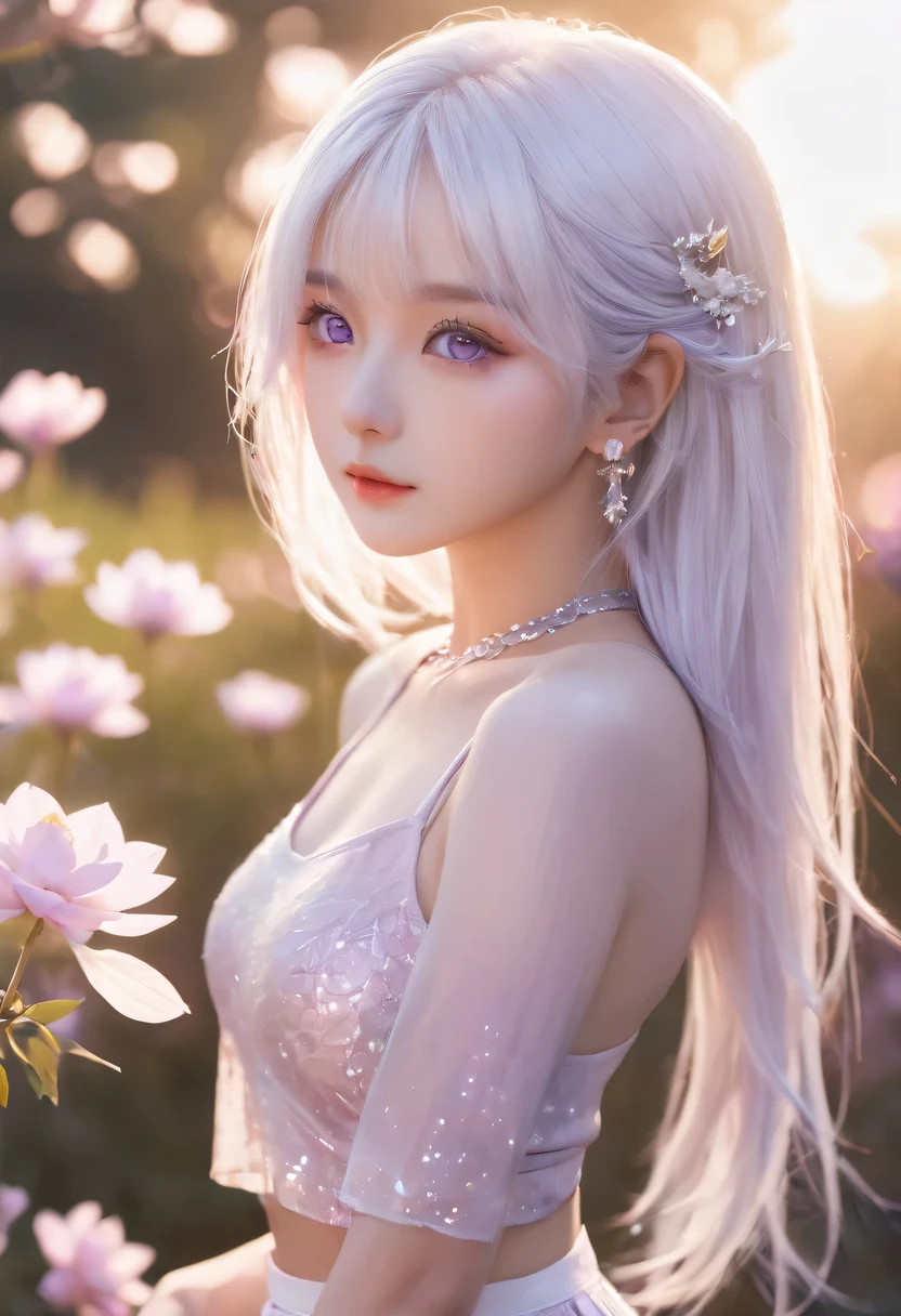 actual, 1 girl, white hair, purple eyes, glowing eyes, crop top, skirt, blush, night, flowers, sun, sunlight,
