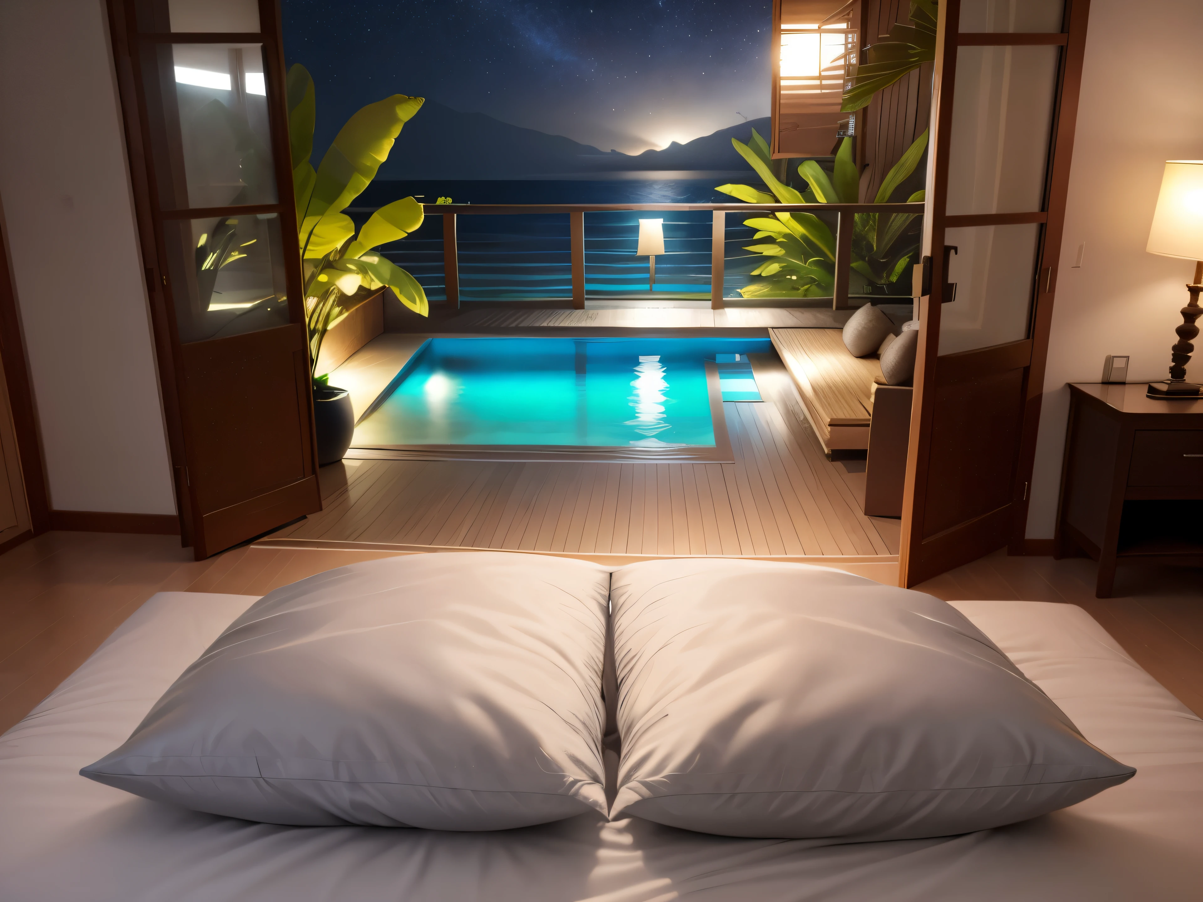 Best quality, ultra-detailed, gray satin single bed at the centre, Bali style living room, Background:wide open window, night beach panorama, stars