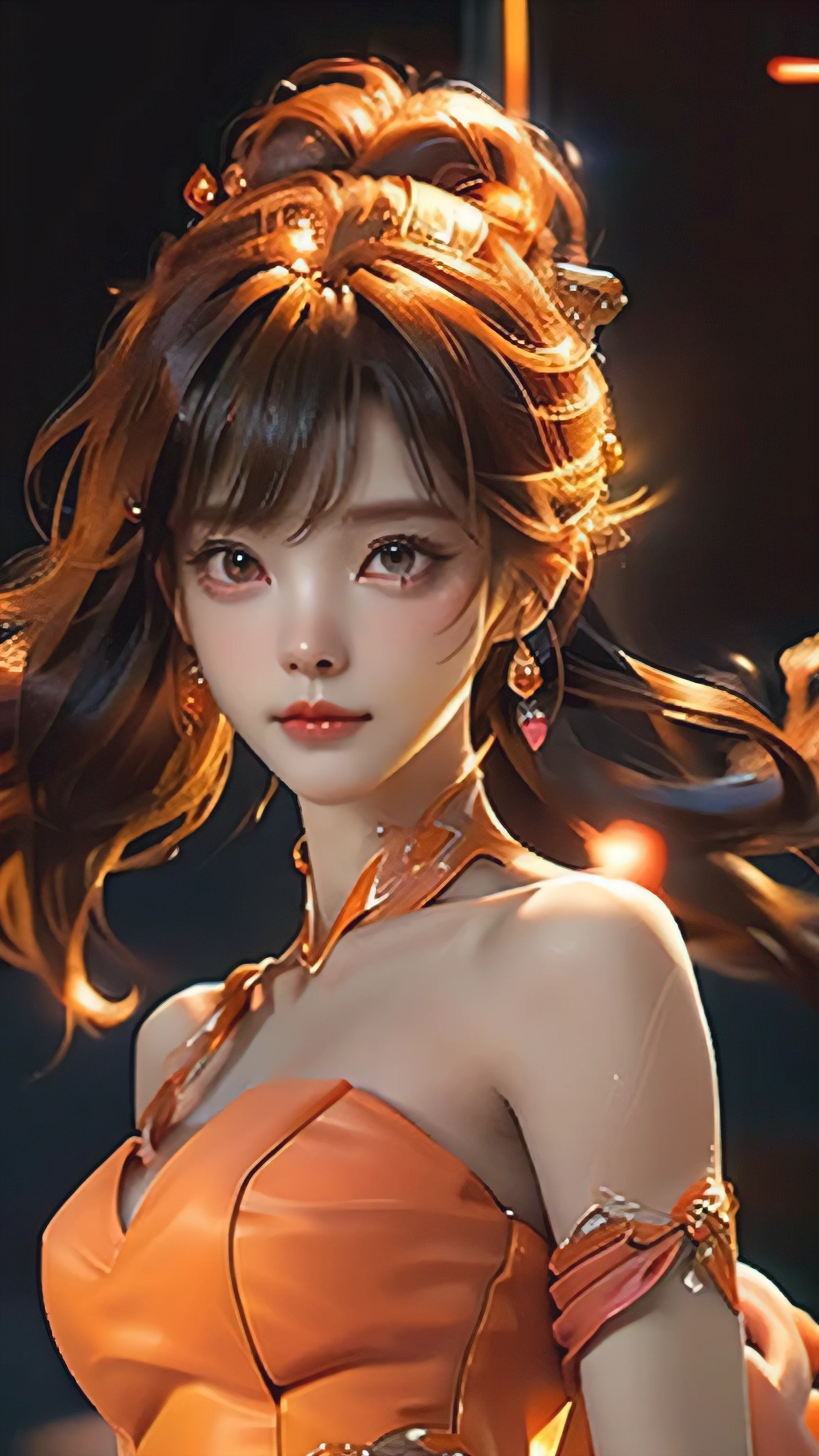 Located in the center of a neon-lit metropolis, A charming young girl emerges from the shadows. Her delicate features and lovely face are illuminated by the warm glow of the surrounding orange neon lights. her eyes, With intricate eyelashes and delicate, expressive eyes, Shining with deep light. long cascade, Flowing orange hair framed her face, Adding to her charm.
Her outfit is a glamorous cyberpunk orange dress, Each neon sign is connected to the next, The exposed waist creates a stunning visual effect. The effect now brings the dress to life, Creates an ethereal glow on her skin,