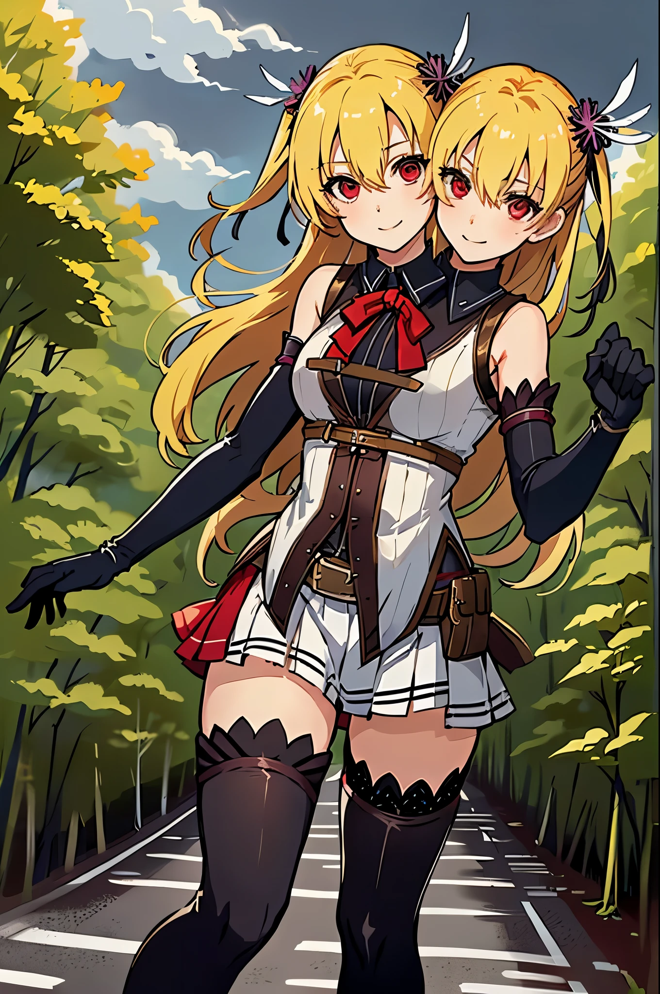 (2heads:1.4), masterpiece, best quality, alisa reinford, sen2alisa, two side up, black ribbon, red bow, sleeveless shirt, pleated skirt, elbow gloves, thigh strap, black thighhighs, warm smile, walking, road, forest, grey sky 