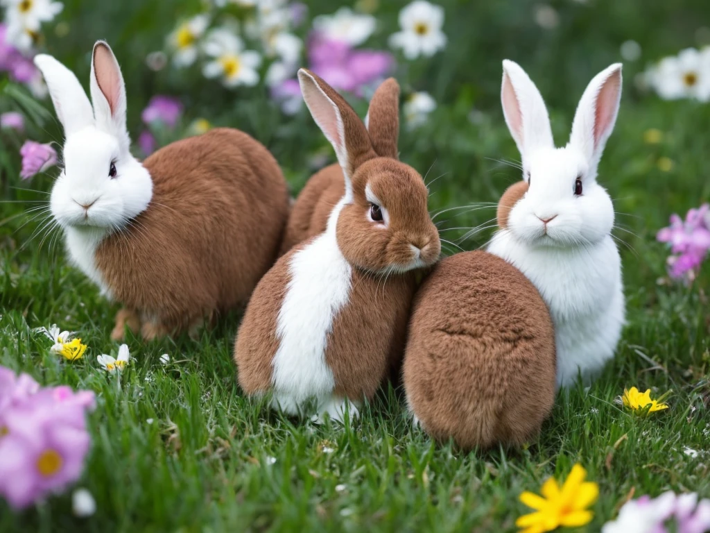 Portrait of bunnies, there are flowers around them, bunnies are looking straight at the camera, cute image, spring, cute digital image