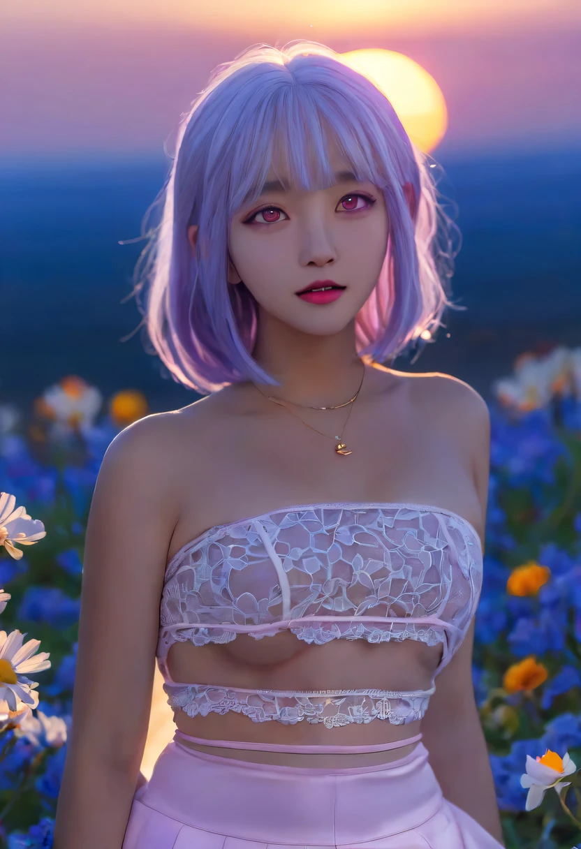 actual, 1 girl, white hair, purple eyes, glowing eyes, crop top, skirt, open lips, blush, night, flowers, sun, sunlight,