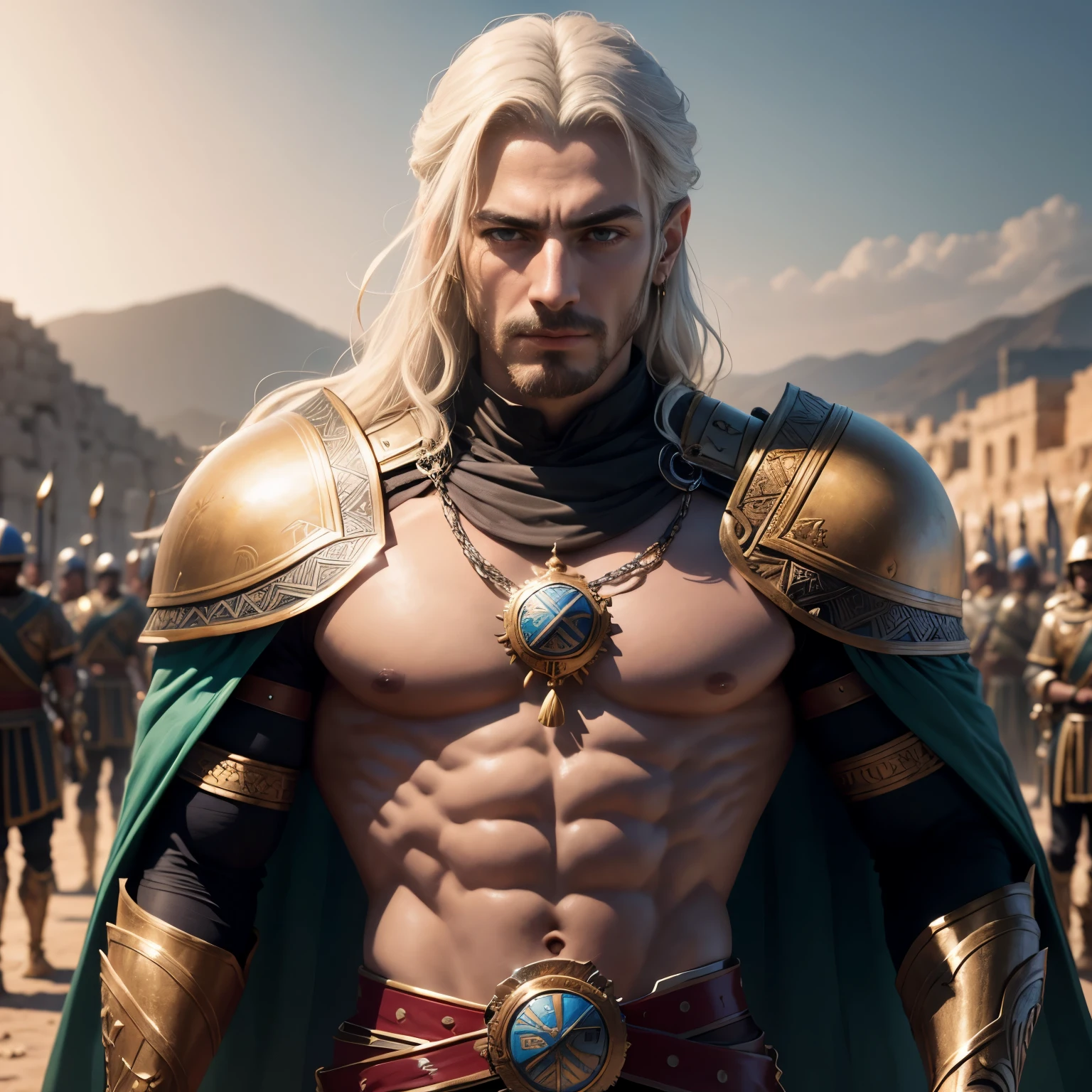 Xerxes of Persia attacked Greek city-states in 480 BC. Xerxes of Persia commanded an army of 150,000, (background:Xerxes is in front of army), (movie 300),high detail, conceptual art, cinematic lighting, ultra-wide angle, Hasselblad, UHD, masterpiece, anatomically correct, super detail, best quality, 1080p, 4K