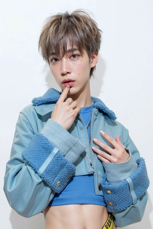 un primer plano de una persona vestida con un top azul y una chaqueta, cai xukun, enhypen sunoo, Con pelo corto, sha xi, enhypen sunoo, yanjun chengt, enhypen sunoo, pintar ulzzang, hong junio hyung, Con pelo corto with bangs, sakimichan, xqc, TaeJune Kim, marca lee, enhypen sunoo, enhypen sunoo