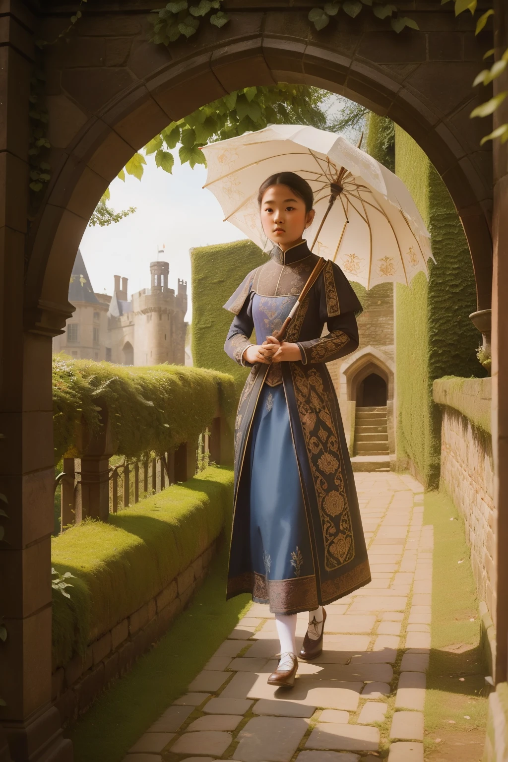 Amid the ivy-covered walls of a Tudor-style castle in the 1890s, a twelve-year-old Asian girl, with a parasol and lace gloves, strolls along a cobblestone courtyard adorned with medieval tapestries and antique suits of armor.