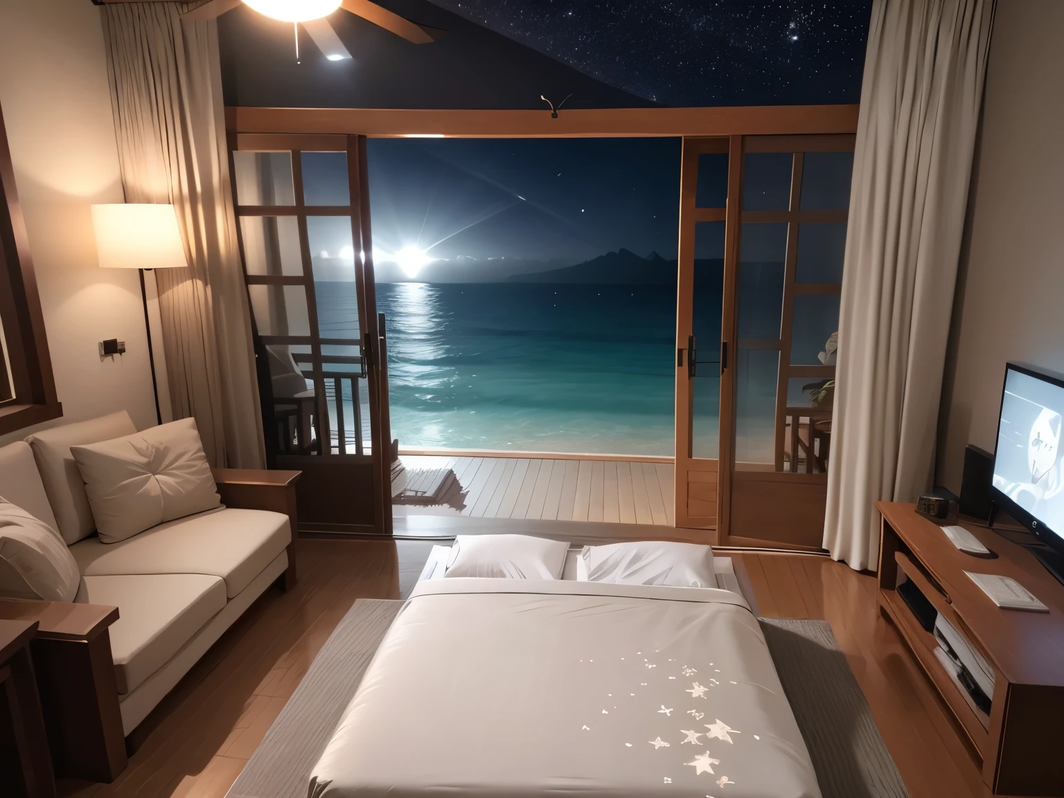 Best quality, ultra-detailed, gray satin single bed at the centre, Bali style living room, Background:wide open window, night beach panorama, stars, eye level view