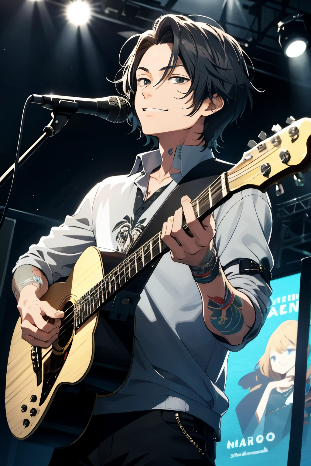 There is a man, who strums his guitar in front of a microphone, an exquisite masterpiece of fanart featuring Marine Kitagawa, meticulously crafted in an anime artist's studio. The human bard, Quota, is depicted with a smirk on his handsome face in this official fanart, radiating charm and allure as he immerses himself in his music. Yoshinari's deft hand illustrates every detail with great care, from the intricate tattoos adorning Quota's arms to the subtle shadows cast on his face as he sings.
The background of the art subtly complements the scene, with calming hues of