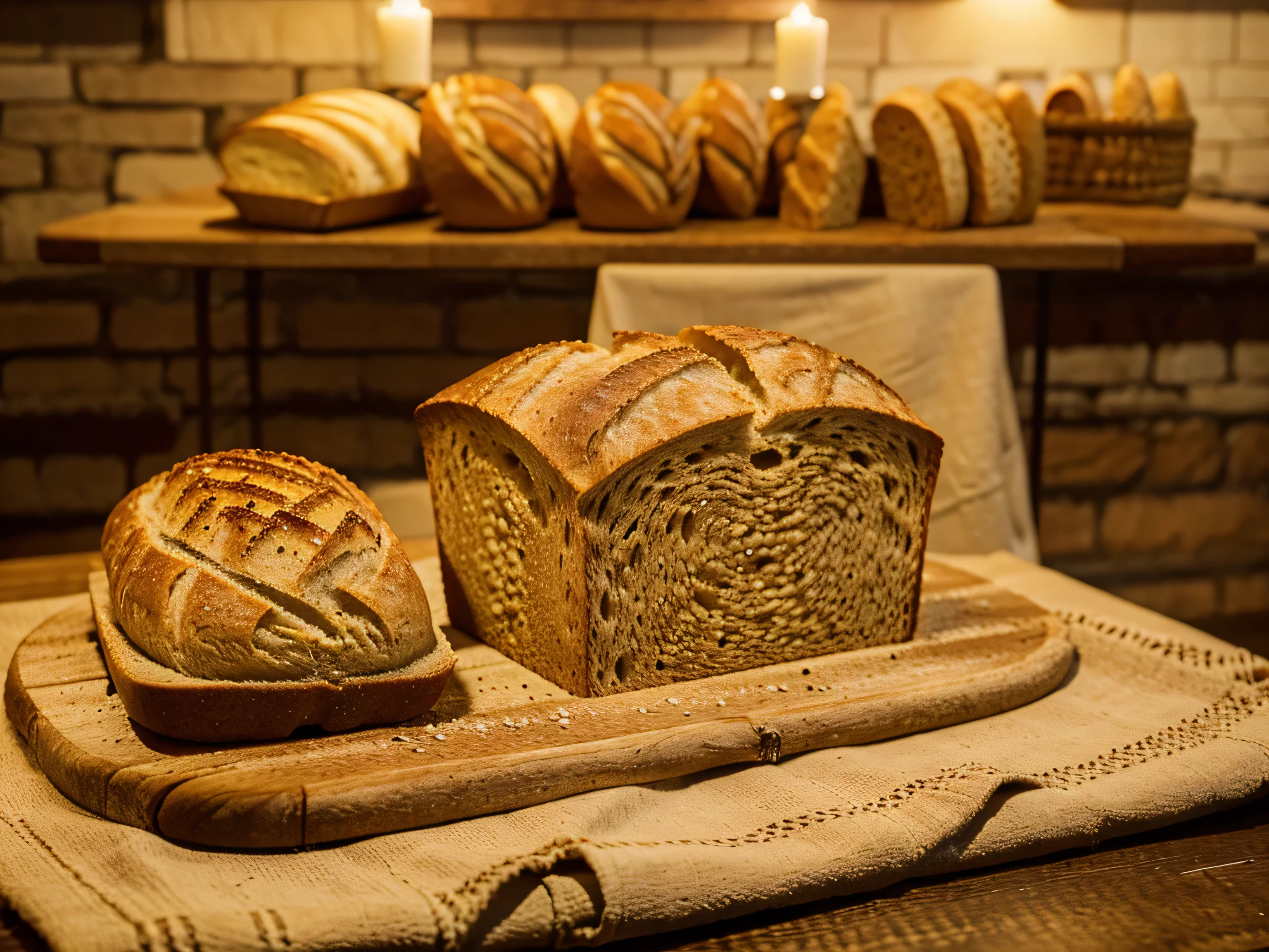 bread, loaves, bread on a table with a linen tablecloth, sliced wholemeal bread, bread with grain, slices