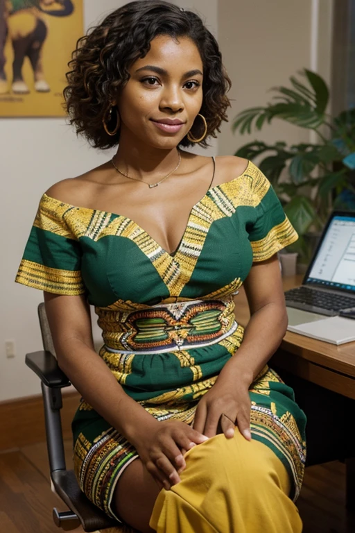 A Brazilian mulatto is a person with a rich ethnic heritage, often exhibiting a combination of African and European ancestry, with a range of skin tones and a vibrant culture that celebrates Brazil's racial and ethnic diversity, wearing dress with  color of the African savannah color of elephant gray and green sitting behind a desk like a president and her hands are clasped.  a photo facing the camera