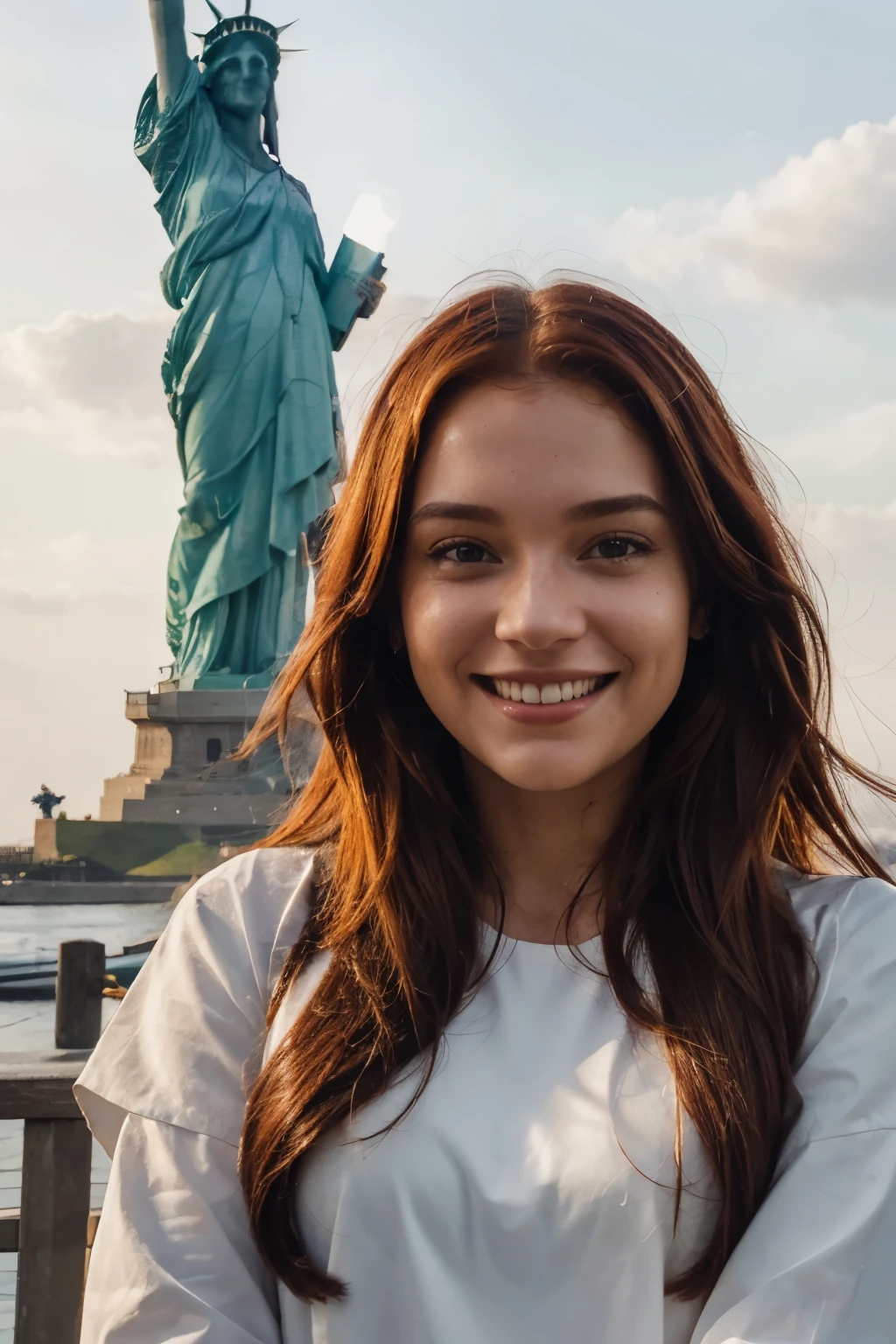 A radiant smile lights up the face of the AI ​​influencer, with long red hair, Ultra high definition images of our AI digital influencer, smiling as she interacts near the Statue of Liberty in the late afternoon