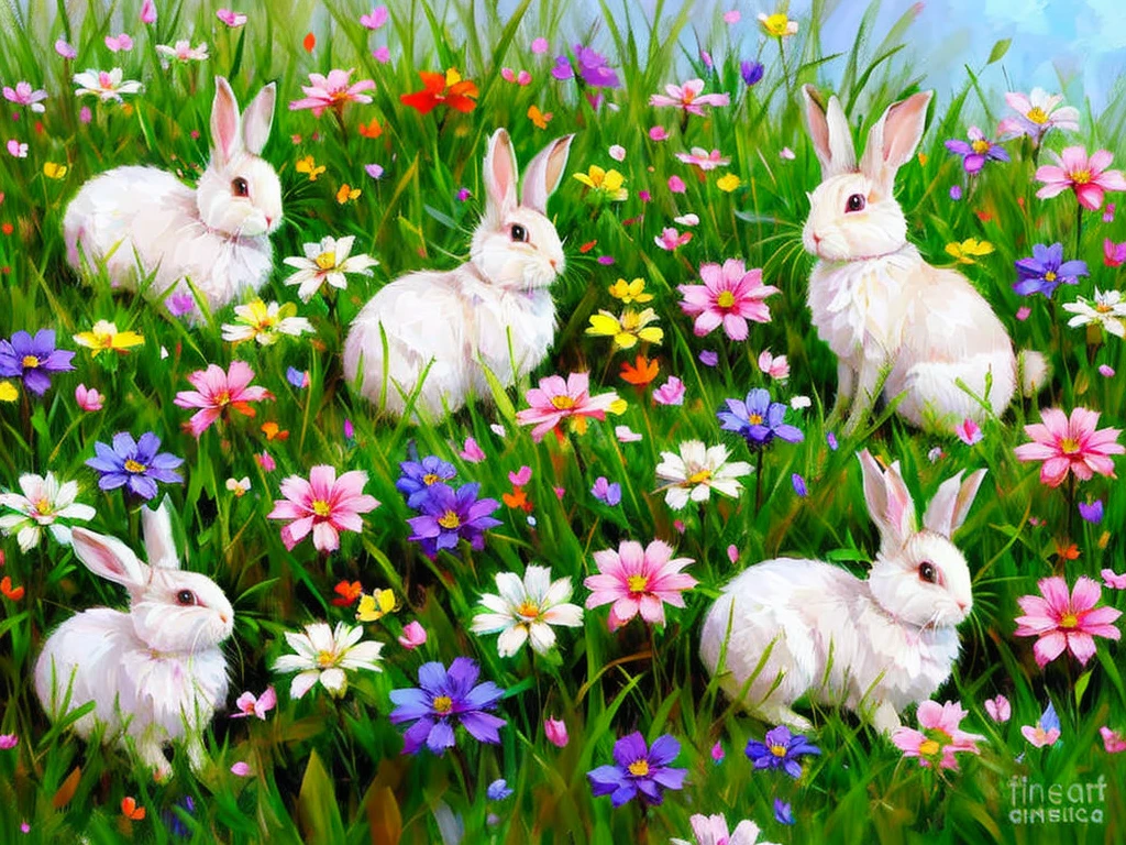 Portrait of bunnies, there are flowers around them, bunnies are looking straight at the camera, cute image, spring, a charming digital painting 