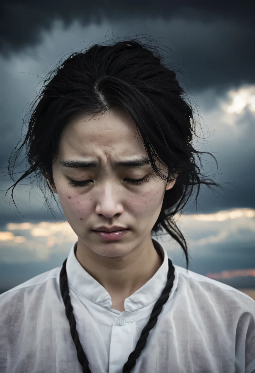 His face seemed to be shrouded in dark clouds，There is deep sadness in the eyes，As if carrying endless pain。Brow furrowed，Tie a knot that cannot be untied，Revealing inner struggle and helplessness。Tears fell down my cheeks，Silently telling the heavy sorrow。The corners of the mouth droop weakly，Outline a bitter and sad smile，The entire facial expression solidified into a sad picture，It makes people feel pity and sympathy when they see it。
