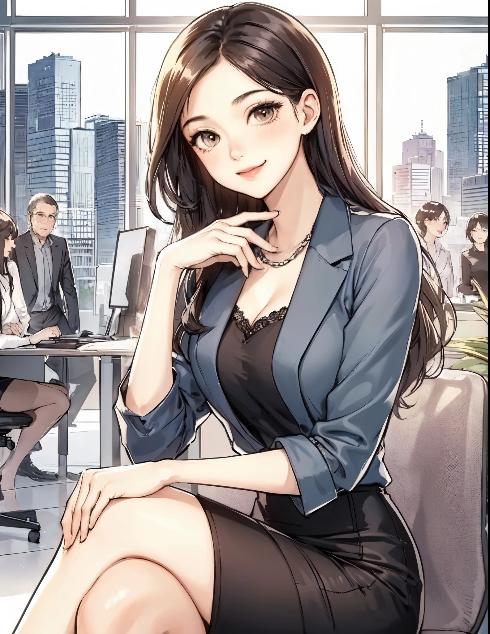 1lady sitting (crossed legs), office worker (stylish outfit), (pencil skirt), mature female, /(black hair/) bangs, blush kind smile, (masterpiece best quality:1.2) delicate illustration ultra-detailed, large breasts BREAK (modern office indoors), window cityscape, detailed background