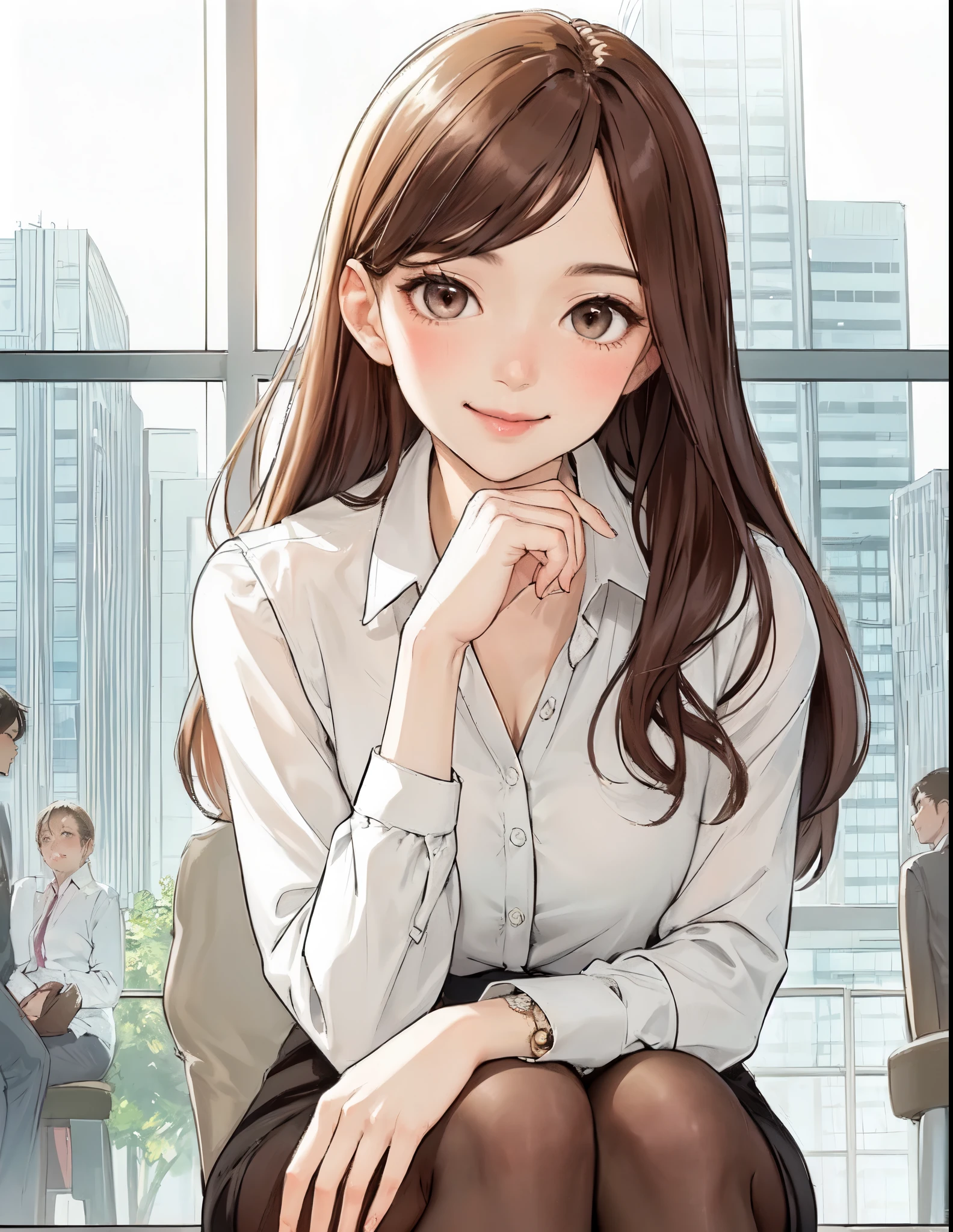 1lady sitting (crossed legs), office worker (stylish outfit), (pencil skirt), mature female, /(dark brown hair/) bangs, blush kind smile, (masterpiece best quality:1.2) delicate illustration ultra-detailed, large breasts, pantyhose BREAK (modern office indoors), window cityscape, detailed background