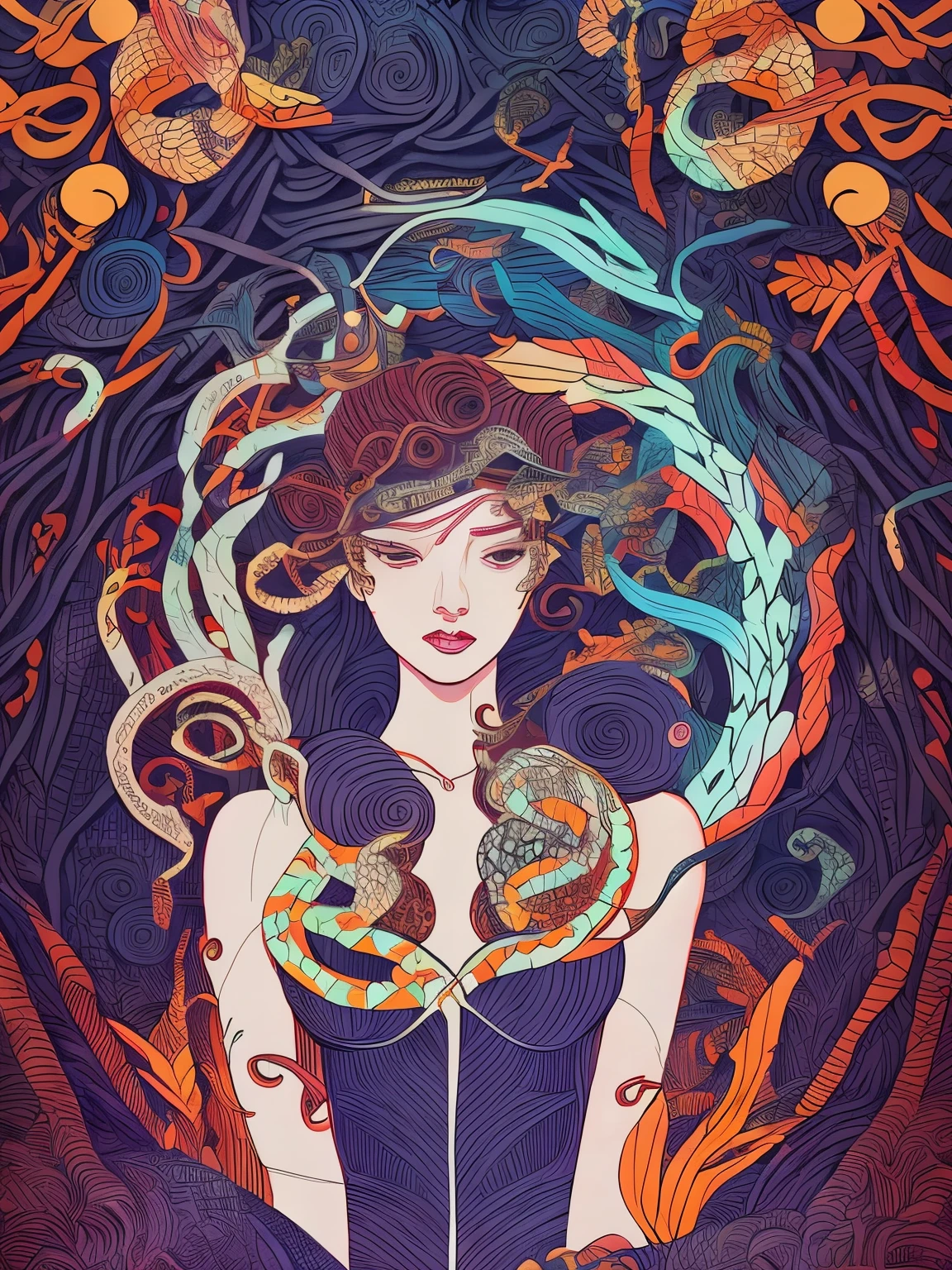 4k quality, papercut with layers, an image of person in forest with a snake in her hair. Medusa, in the style of dan mumford, kilian eng, whimsical and fantastical elements, yumihiko amano, swirling vortexes, celestial, delicate coloring, blue dan green color