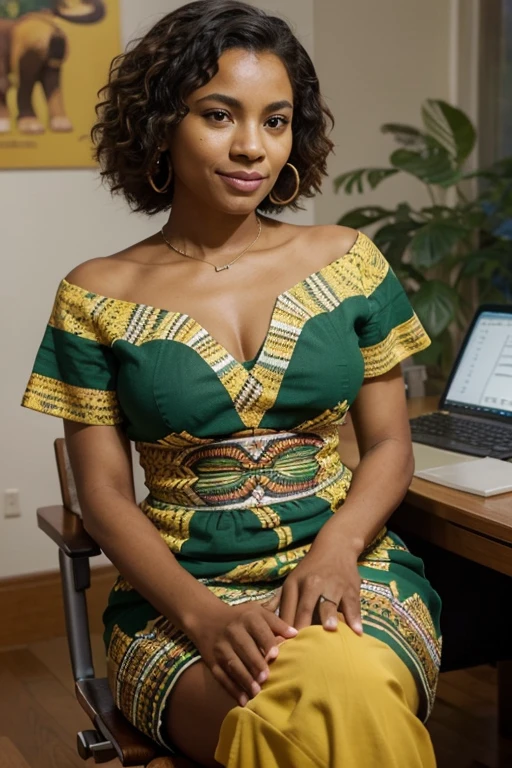 A Brazilian mulatto is a person with a rich ethnic heritage, often exhibiting a combination of African and European ancestry, with a range of skin tones and a vibrant culture that celebrates Brazil's racial and ethnic diversity, wearing dress with color of the African savannah color of elephant gray and green sitting behind a desk like a president and her hands are clasped. a photo facing the camera, face appareils photos