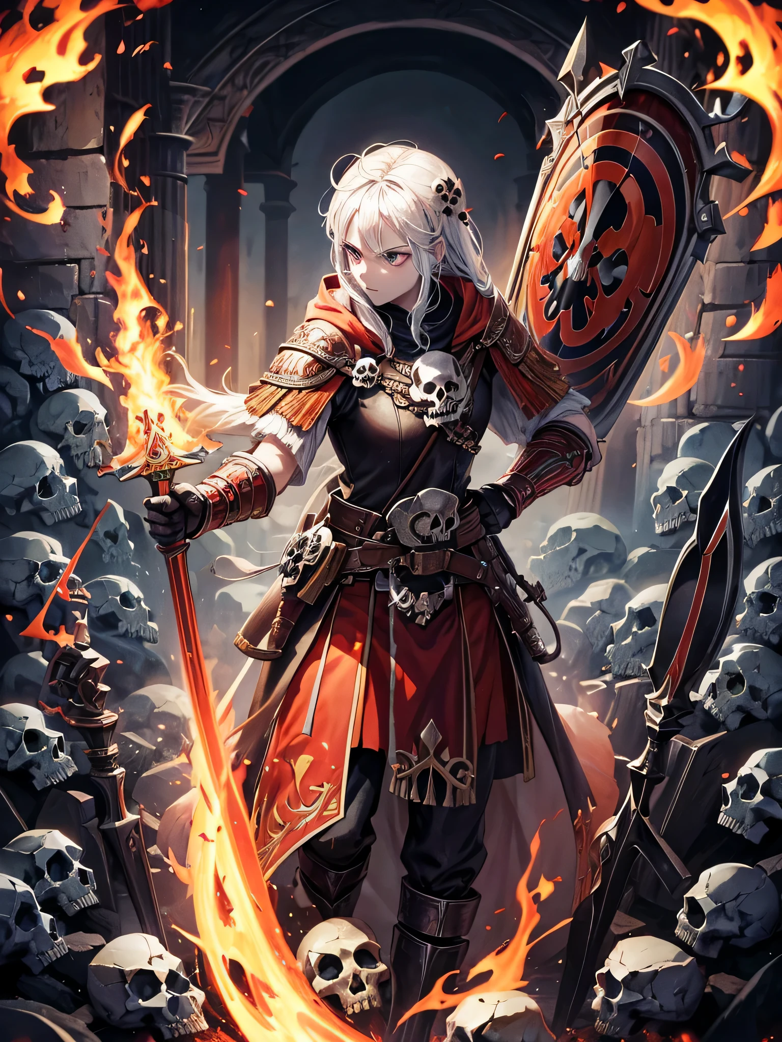 ((skulls)) ((Fogo)) ((chamas)) chamas, Escudos, espadas, Spears, arsenal de armas, ancient Greece, antigos pilares dos deuses