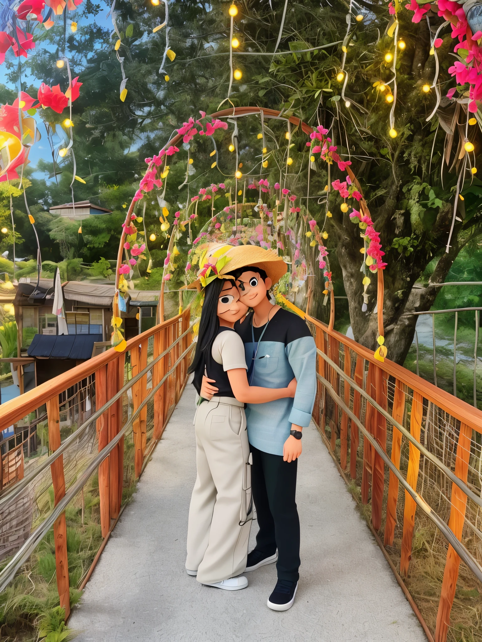 Pupila masculina de cabelos pretos, Garoto, shorts de manga curta, usando uma capa longa, a straw hat with two streamers and countless wind chimes, blowing a green flute on the back of a huge fish made of water, taking more fish behind him