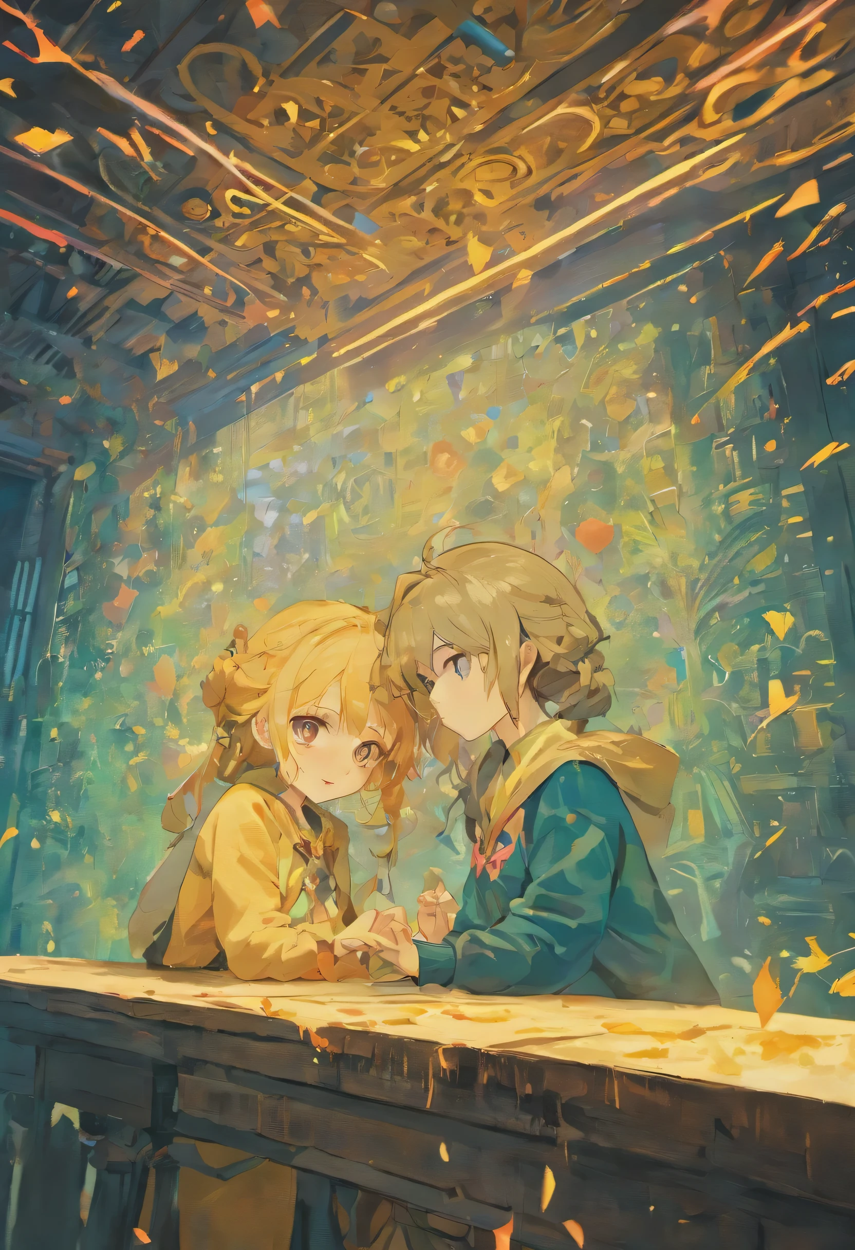 on the table, best quality, Extremely detailed CG Unity 8K wallpaper, paper cutting, (Detailed face), exquisite eyes, Bright sky nebula, 2 women, age: 16、Reproductive activity