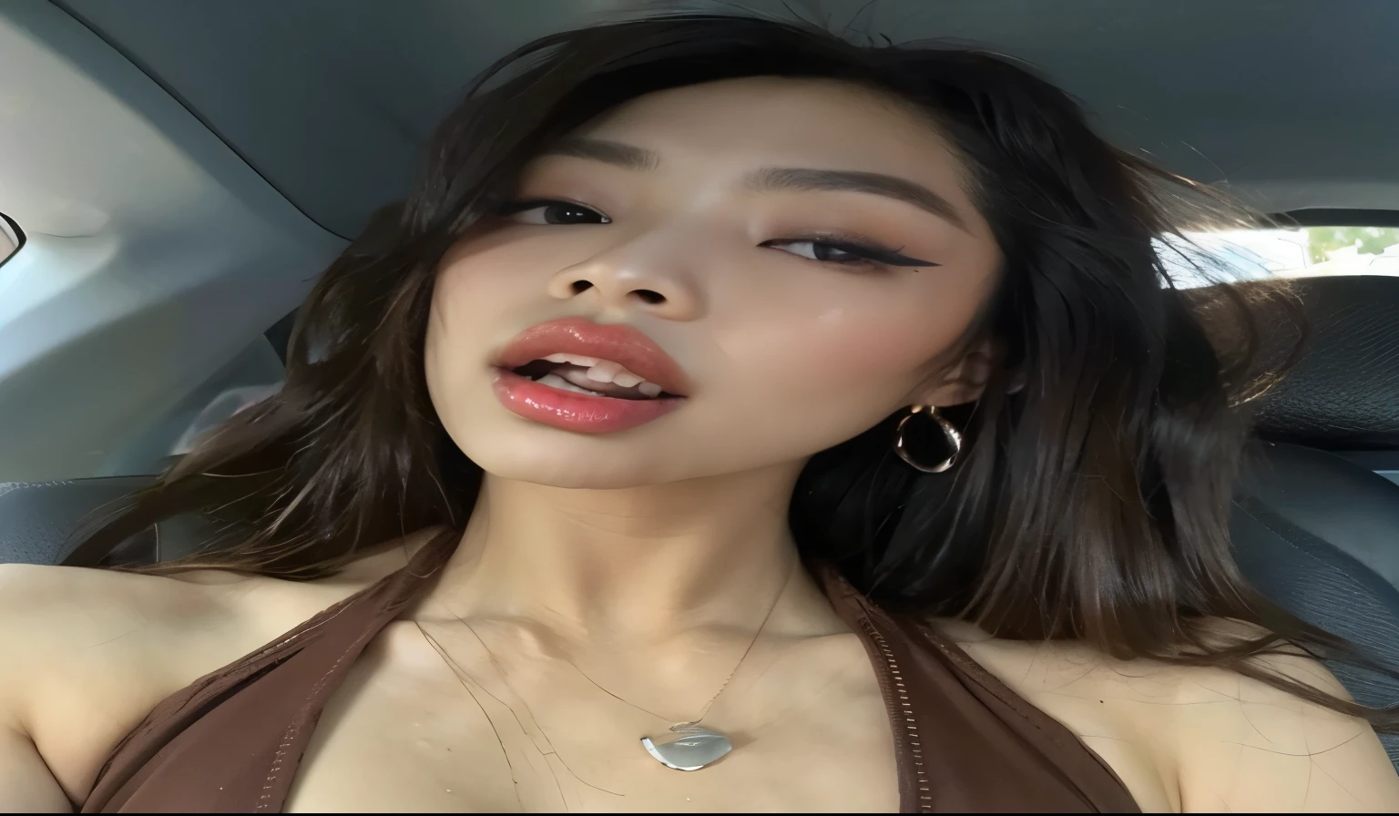 devastated Asian woman in a brown bikini sitting in a car, thick lips, Bella Poarca, labios finos, with very labios finos, tongue out, Retrato de Sophie Mudd, Kiko Mizuhara, pale labios finos, parted lips, neck enlarged from the lips down, sensual lips, gema chen, lips well separated, very small lips