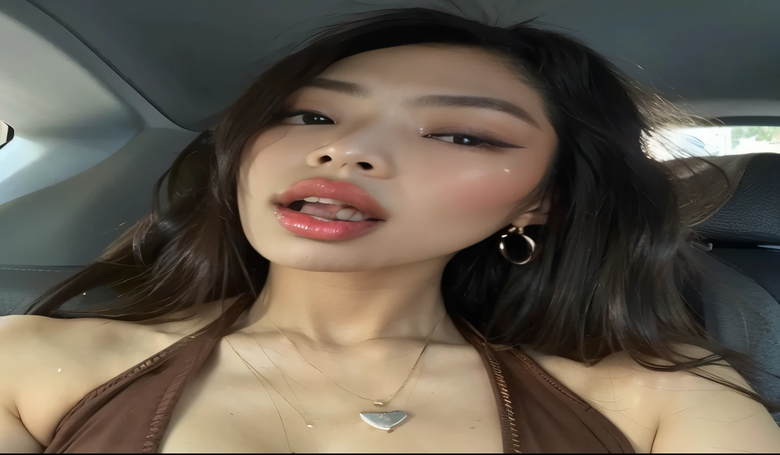 devastated Asian woman in a brown bikini sitting in a car, thick lips, Bella Poarca, labios finos, with very labios finos, tongue out, Retrato de Sophie Mudd, Kiko Mizuhara, pale labios finos, parted lips, neck enlarged from the lips down, sensual lips, gema chen, lips well separated, very small lips