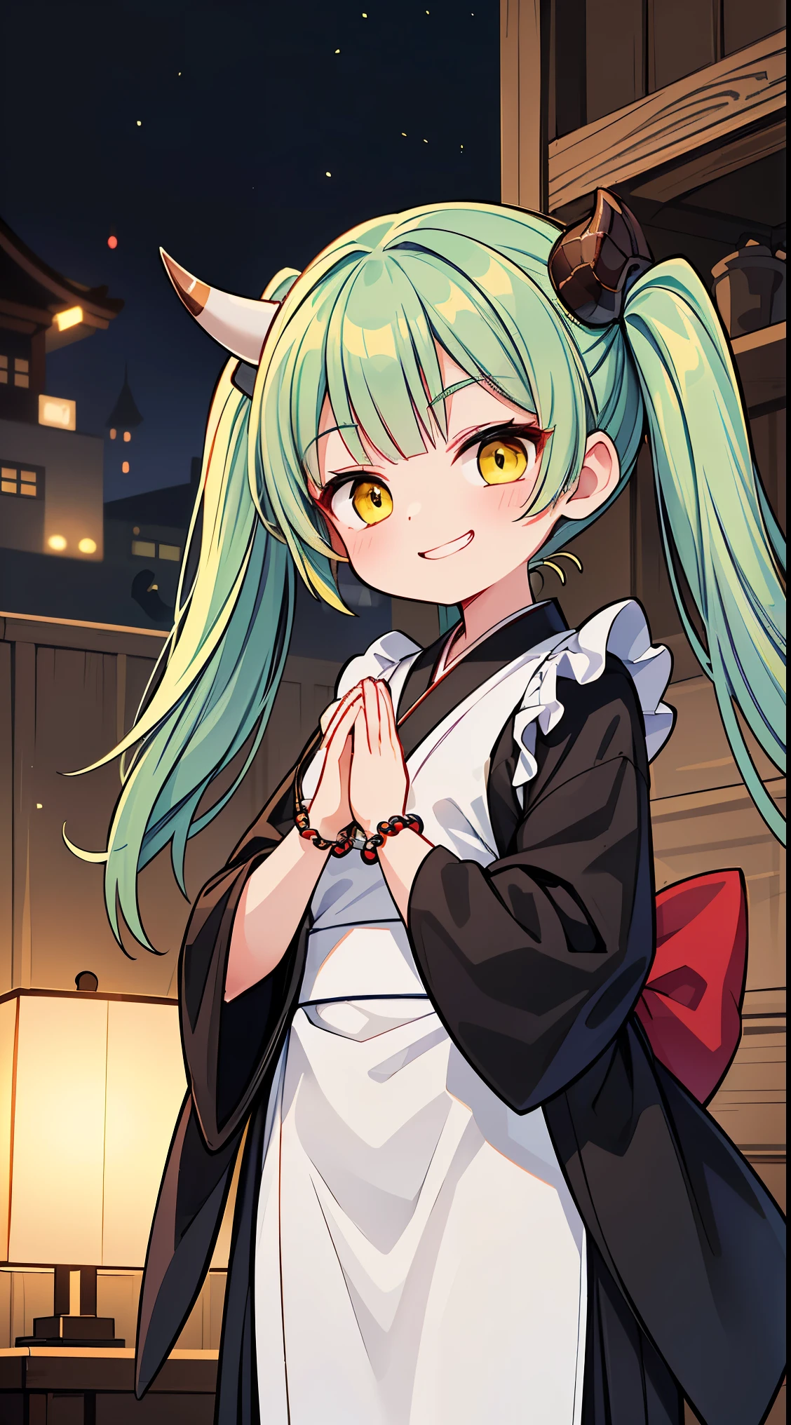 (masterpiece, top quality, best quality, official art, beautiful and aesthetic:1.2),ultra-detailed,intricate details,amazing illustration,award-winning art,atmospheric,
BREAK,
1 beautiful girl, (17 year old girl),alone,(cute:1.5),(Little:0.6),(cute:1.5),(change:0.5),break, :d, (twin tails, green hair, horn, long hair:1.35), (yellow eyes, double, slanted eyes:1.45), blush, double teeth, ((D cup breasts))), heart, sight, maid, /maid dragon/, dragon tail, (long eyelashes, double eyelids, thin eyebrows:1.2), alone, glowing skin, beautiful skin, beautiful skin, (highest quality face), (highest quality slanted eyes), maid outfit, gloves, open your mouth, short sleeve, smile, white gloves,(The best smile,smug face:1.45),
BREAK, (meditation pose, join palms together,praying,own hands together,17 years old, cute,slender, small breasts, Very long sleeves that cover the wrists,very Thick muscular arms, arm muscles,muscular,muscular female:1.4),(light smile, closed mouth, closed eyes, Japanese monk girl, long Japanese monk's black robe,long buddhist black robe, Buddhist prayer beads around her wrist, very long black hakama:1.3),(Buddhist Prayer,Sanskrit text, mandala,shining circle, team light, shining, aureole, illusion effect, magic effect, holylight:1.2), (full body),,depth of fields,
BREAK,wakame,wakame,wakame,(Cowboy Shot:1.4),
BREAK,(Blurry background:1.3),(absurderes, hight resolution, Super Detail Art),cel shading,Clear Color, Lonely optical effect, Beautiful pictures, Bright glow, mystic atmosphere,(Close-up of girl:1.1), Mystical light particle effect,manga influence, clean line drawings,