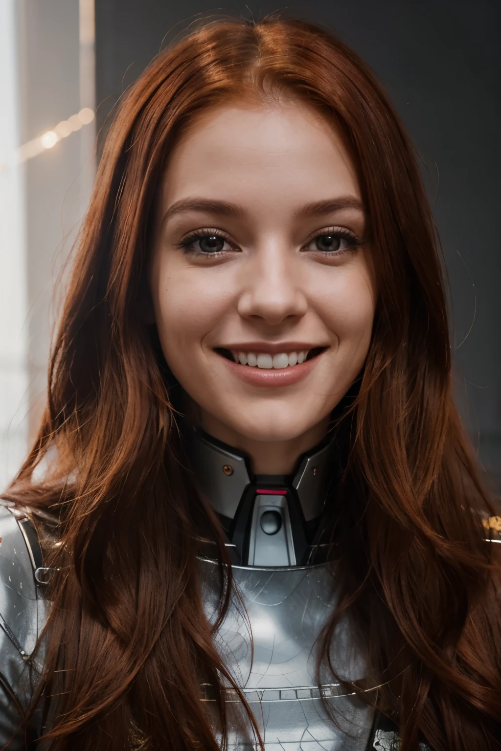 A radiant smile illuminates the face of the AI ​​influencer, with long red hair, Ultra high definition images of our AI digital influencer, smiling as she interacts near the empare states