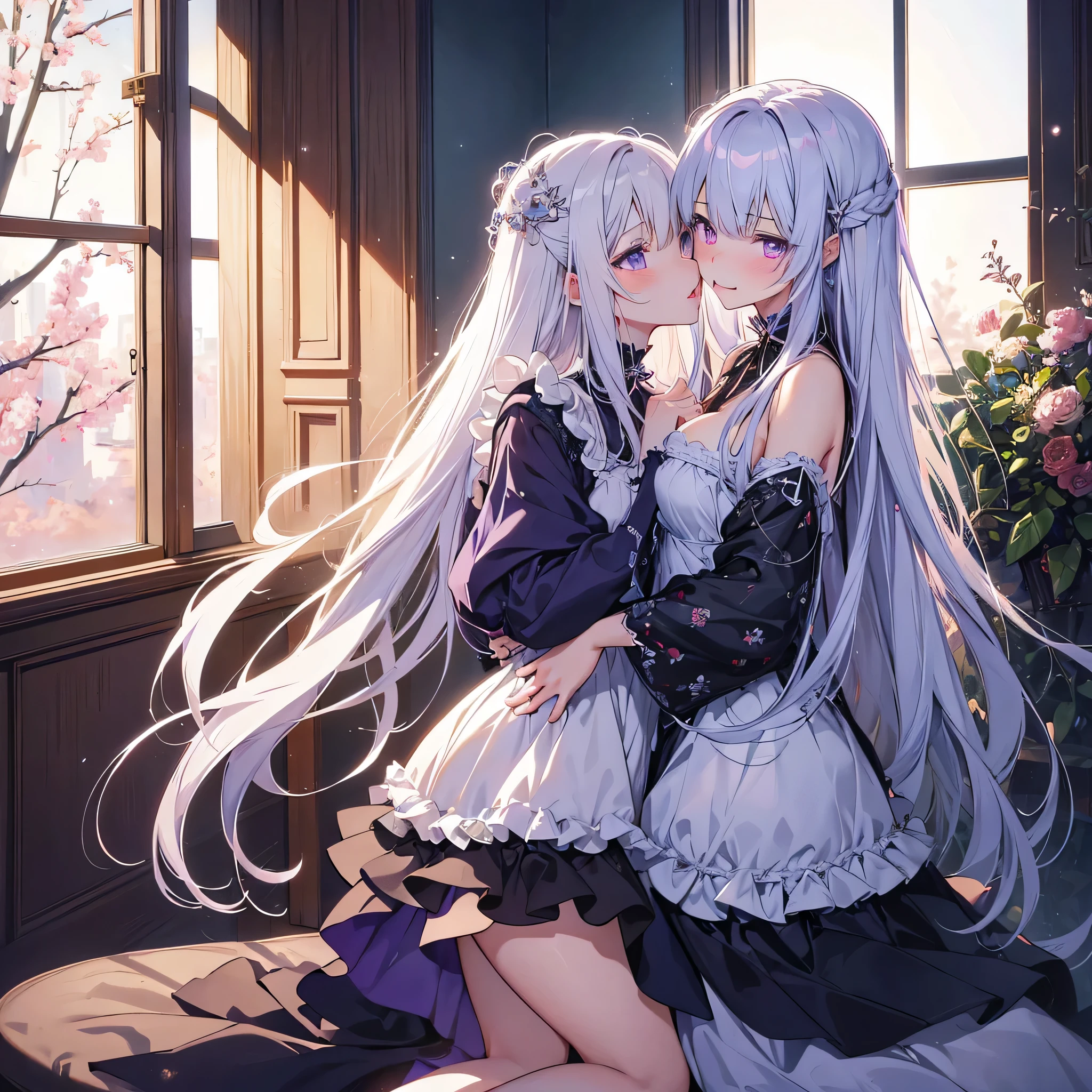 NSFW, Anime - style image of two women in a room with a window, kiss together cutely, kiss together, Kissing each other, lovely kiss, (tongue), small details. two beautiful anime girls, gray hair, purple eyes, shining eyes, cute, cute, digital art, finelyed eyes, embarrassed look, long hair, blush, (highly detailed 8k wallpaper), highest resolution, very long hair, masterpiece, highest quality ,masterpiece, figure, very delicate and beautiful, very detailed ,cg ,unity ,8k wallpaper, wonderful, finely, huge file size, super detailed, High resolution, very detailed, beautiful detailed girl, very detailed eyes and face, beautiful and fine eyes
