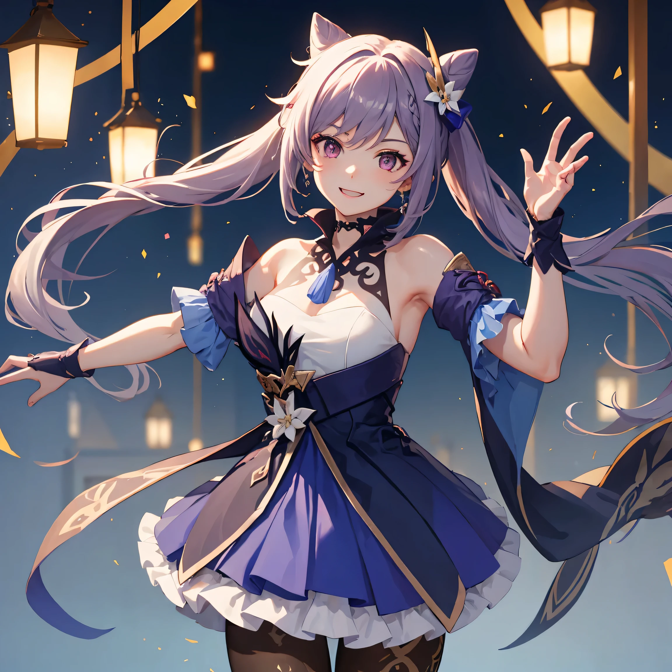 masterpiece, best quality, keqing, genshin, best art, second skin outfit, detailed, high resolution, dancing, theater theme bakhground,smiling