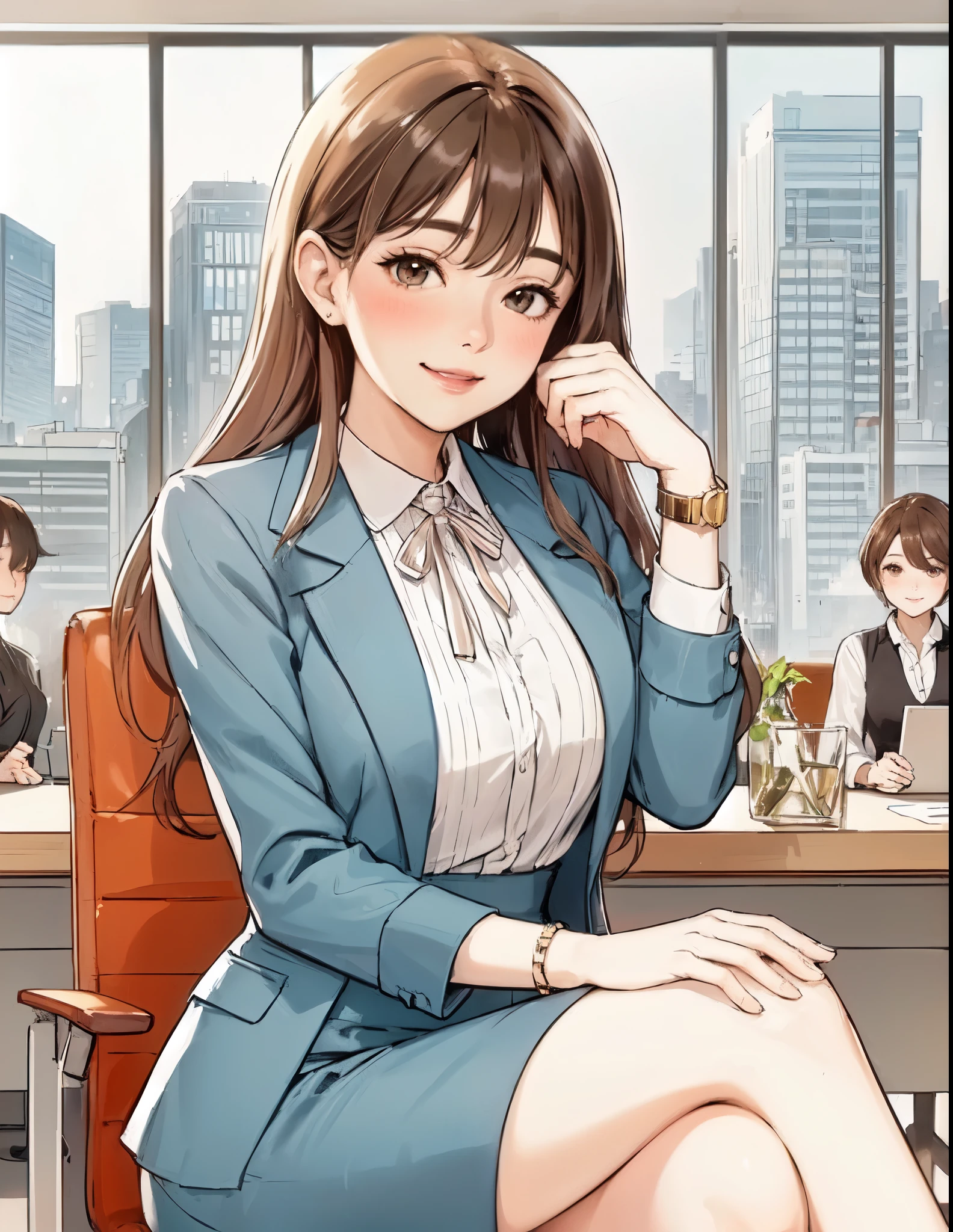 1lady sitting (crossed legs), office worker (stylish outfit), (pencil skirt), mature female, /(brown hair/) bangs, blush kind smile, (masterpiece best quality:1.2) delicate illustration ultra-detailed, large breasts BREAK (modern office indoors), window cityscape, detailed background
