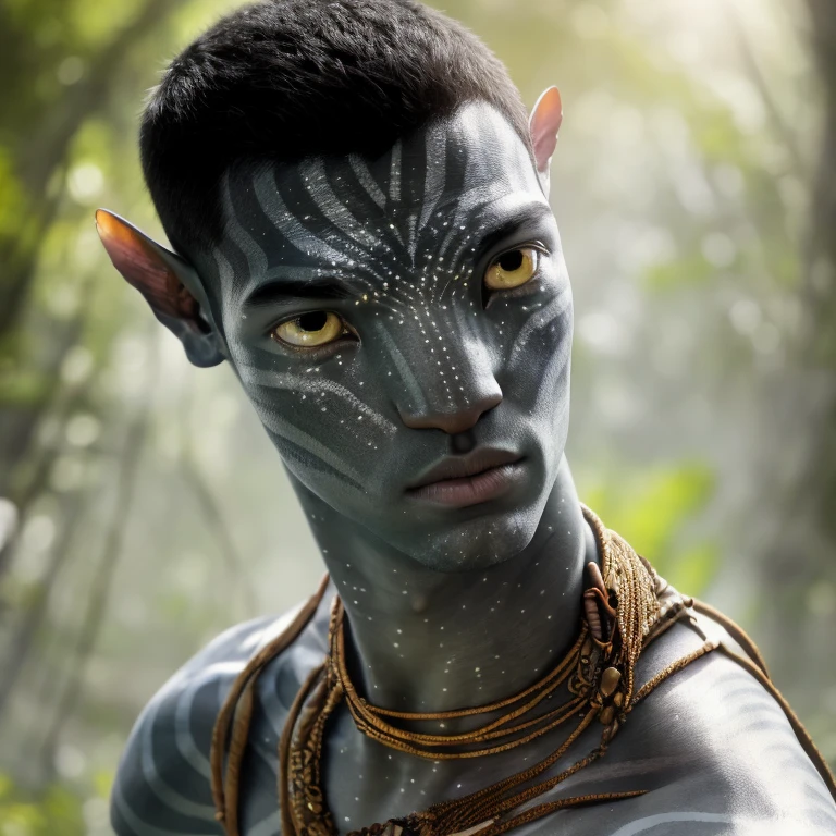 avtr:0.9, avatar style, portrait photo:1.6, man, male, (asian, indonesian, thai), gray skin color:1.0, (gray skin tone:1.3), (messy short hair:1.0), black hair color, , (18 years old:1), wearing tribal clothing, wearing a loincloth, detailed eyes, toned body, muscled body, glowing, ethereal atmosphere, natural lighting, textured skin, otherworldly beauty, mesmerizing photography, (best quality, highres), vivid colors, ultrarealistic, skin details, striped skin, sfw, face close-up, (eyebrowless:1.0), ultradetailed body