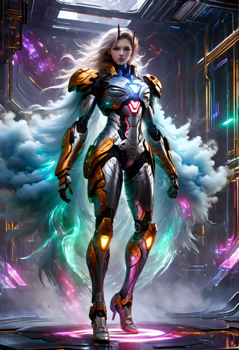 cyberpunk,Steampunk,fault art,Holographic projection,mechanical aesthetics,,neon lights,laser light,fluorescence,space light,glow effect,androgynous lighting,rainbow foil,Unreal Engine,Deep hybrid minimalism,real scene:一位18 岁的女性全身站在cyberpunk荒芜的地方,Stunning cloudscape. (Wearing an Iron Man mech) About her incredibly complex anatomy (graphene: 1.1) Biomechanically symmetrical arms and biomechanically symmetrical legs. Very detailed, elegant and ornate symmetrical fractal detail with Kyanite gemstone. Shooting using bright scenes, soft natural light, dramatic shadows and beautiful vibrant colors. Art style. cyberpunk风格的8k分辨率图像, intricate symmetrical details. The whole picture is full of indomitable heroism. Mainly a complete picture of a person standing full body, smooth movements and confident expression.
