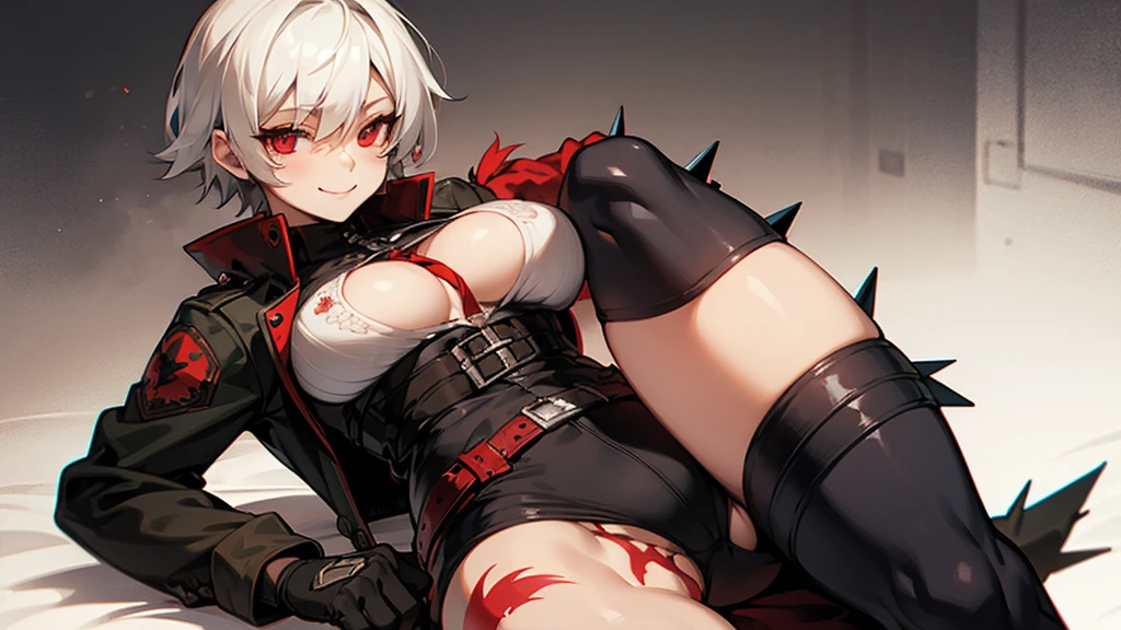 blacksurvival jackie quilt busty curvy fit short wild spikey white hair red eyes scars tattoos smiling