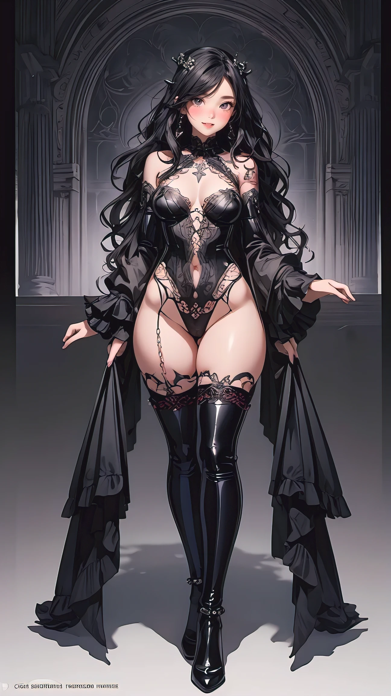woman, hyperfeminine, laces and latex, chains and spikes, full body tattoo, barbiecore, illustration by artgerm and gerald brom, perfect body, thick thighs, wavy hair, standing pose, gothic city hall, ambient light