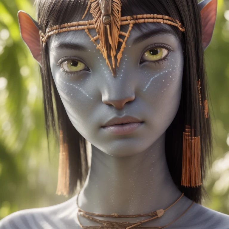 avtr:0.9, avatar style, portrait photo:1.6, 1girl:1, female, (asian, japanese), Rina Fukushi:1, gray skin color:1.0, (gray skin tone:1.3), (short hair:1.0), black hair color, (teen), teenage, wearing tribal clothing, wearing a top:1.3, wearing a loincloth, detailed eyes, toned body, muscled body, glowing, ethereal atmosphere, natural lighting, textured skin, otherworldly beauty, mesmerizing photography, (best quality, highres), vivid colors, ultrarealistic, skin details, striped skin, sfw, face close-up, (eyebrowless:1.0), ultradetailed body