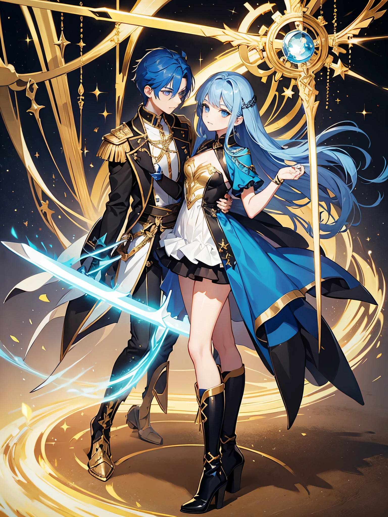 Blue hair, golden eyes, boots, sword, crossdressed, dress, idol, mid age, 1boy