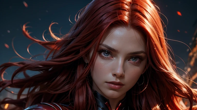 (best quality), (close-up), (headshot), beautiful shot of the scarlet witch from marvel comics (wavy red hair), using her power, (glowing red 1:1), wearing tight black body suit, HDR, 4k, UHD, 3D