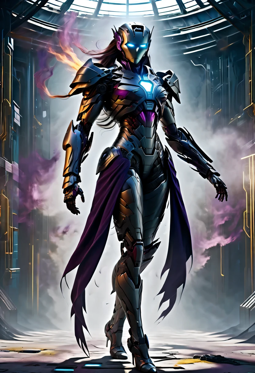 real scene:An 18-year-old woman standing full body in a cyberpunk deserted place,Stunning cloudscape. (Wearing an Iron Man mech) About her incredibly complex anatomy (graphene: 1.1) Biomechanically symmetrical arms and biomechanically symmetrical legs. Very detailed, elegant and ornate symmetrical fractal detail with Kyanite gemstone. Shooting using bright scenes, soft natural light, dramatic shadows and beautiful vibrant colors. Art style. Cyberpunk style 8k resolution image, intricate symmetrical details. The whole picture is full of indomitable heroism. Mainly a complete picture of a person standing full body, smooth movements and confident expression.