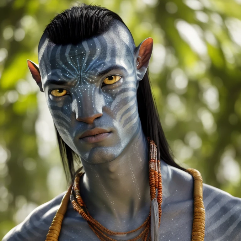 avtr:0.9, avatar style, portrait photo:1.6, man, male, (asian, indonesian, thai), gray skin color:1.0, (gray skin tone:1.3), mohawk hairstyle, (long hair:1.0), black hair color, adult, (35 years old:1), wearing tribal clothing, wearing a loincloth, detailed eyes, toned body, muscled body, glowing, ethereal atmosphere, natural lighting, textured skin, otherworldly beauty, mesmerizing photography, (best quality, highres), vivid colors, ultrarealistic, skin details, striped skin, sfw, face close-up, (eyebrowless:1.0), ultradetailed body