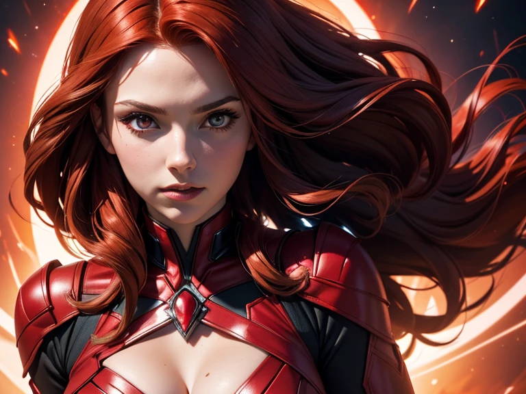 ((highest quality)), ((masterpiece)), (be familiar with),((Elizabeth Olsen))((SCARLET WITCH))、perfect face、Accurate finger depiction、Accurate lip drawing、Accurate tongue depiction、scarlet witch woman、long hair、beautiful nails、black nail polish、eye shadow、red cloak、red knee high boots、red forehead ornament、(crying face:1.0)、mouth closed、hair is wet、(sweating:1.4)、plump body、big breasts、(erect nipples)、constricted waist、Glamorous、big breastsが強調されたアングル、NSFW, facial, (bukkake:1.4), Facial、Bukkake、NSFW, 1boy, 1penis, real glans, real tips,Very thick penis、Penis with protruding blood vessels、Realistic penis depiction、NSFW, (projectile cum:1.4) , (excessive cum:1.4), (cum on face:1.2)、cinematic, (Complex:1.4), low contrast、side lighting, best shadow, View from above the front、Autumn forest in the background、Fallen leaves、in the forest