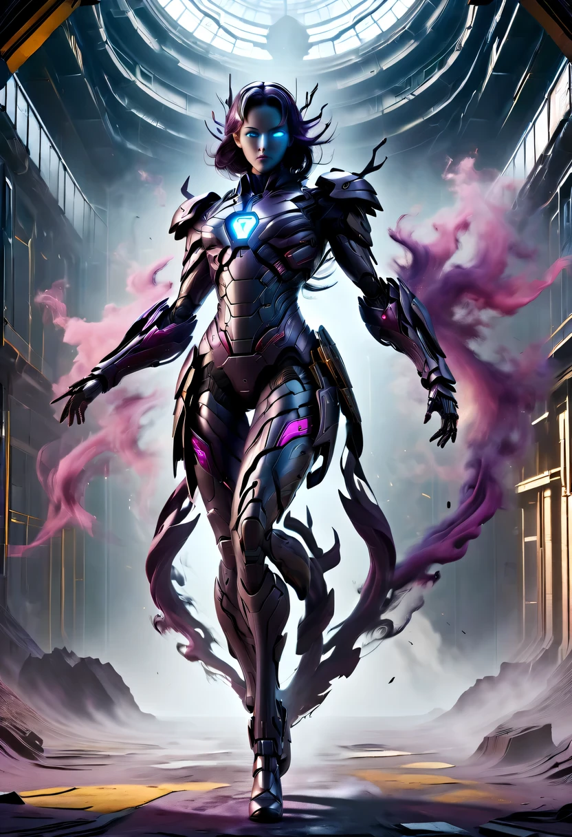real scene：An 18-year-old woman standing full body in a cyberpunk deserted place，Stunning cloudscape. (Wearing an Iron Man mech) About her incredibly complex anatomy (graphene: 1.1) Biomechanically symmetrical arms and biomechanically symmetrical legs. Very detailed, elegant and ornate symmetrical fractal detail with Kyanite gemstone. Shooting using bright scenes, soft natural light, dramatic shadows and beautiful vibrant colors. Art style. Cyberpunk style 8k resolution image, intricate symmetrical details. The whole picture is full of indomitable heroism. Mainly a complete picture of a person standing full body, smooth movements and confident expression.