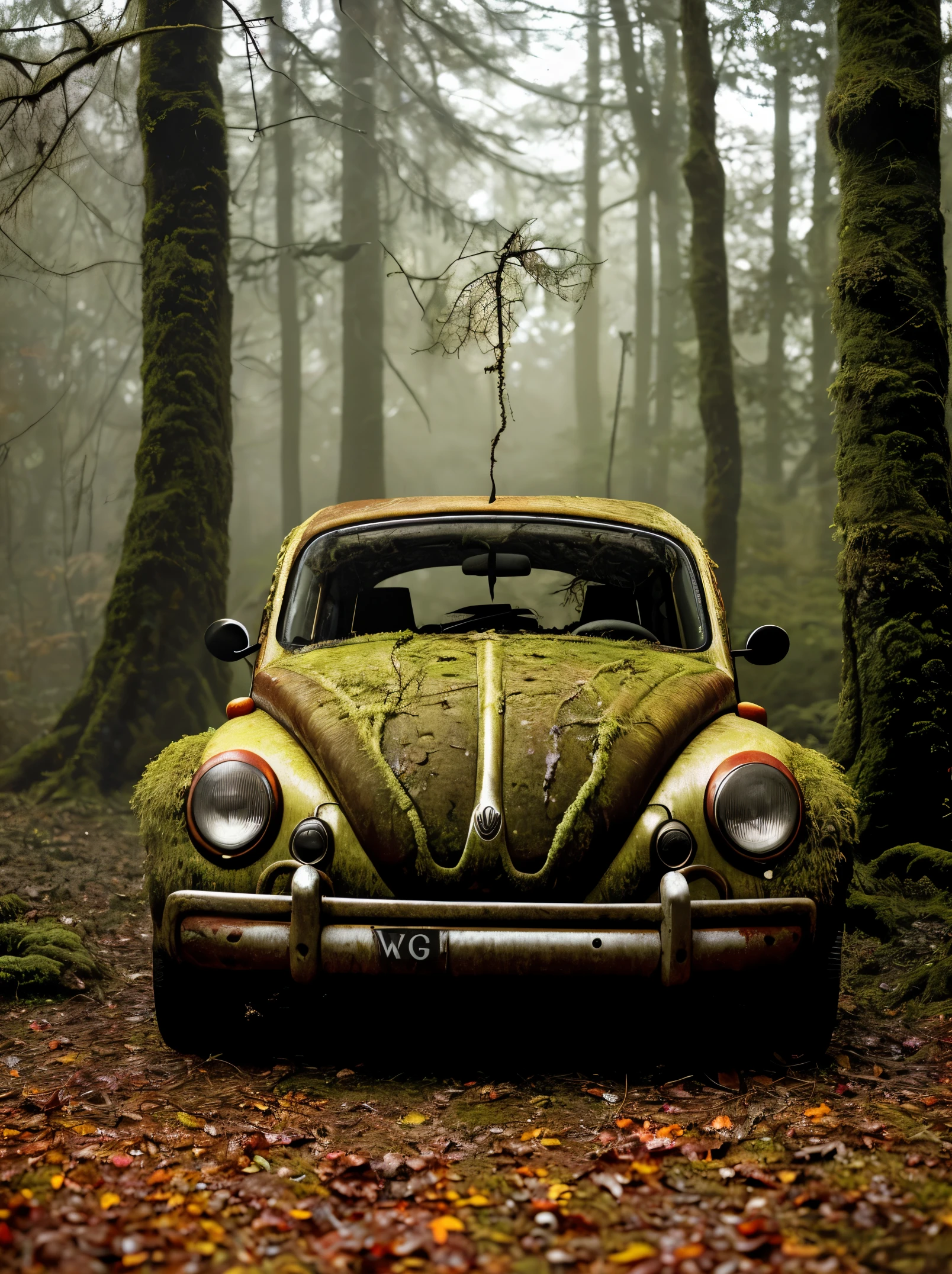 A haunting image of a decaying red VW beetle, its partially decayed remains covered in moss and lichen. The large, twisted, leaf-shaped structures beneath the insect resemble twisted rope, and the surrounding forest is bathed in a warm, golden light. The sun casts a warm glow on the scene, illuminating the decaying leaves, highlighting the vivid color and texture of the decaying wood. fast shutter speed, wide aperture, low light