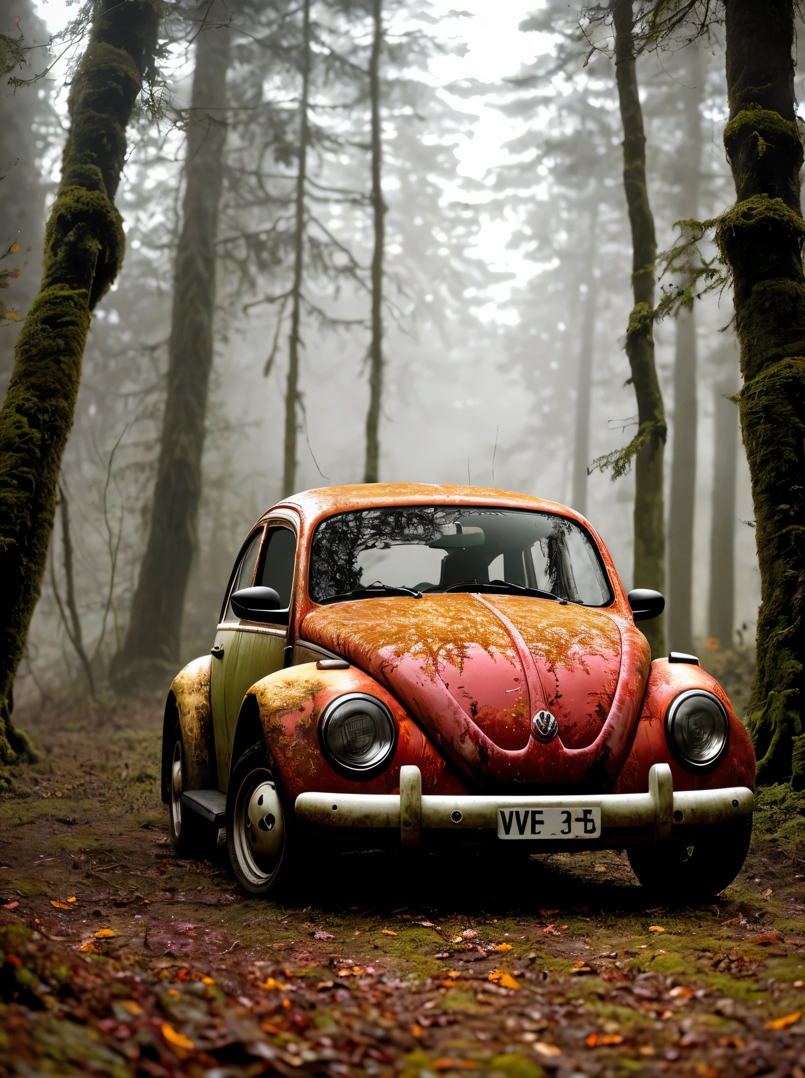 A haunting image of a decaying red VW beetle, its partially decayed remains covered in moss and lichen. The large, twisted, leaf-shaped structures beneath the insect resemble twisted rope, and the surrounding forest is bathed in a warm, golden light. The sun casts a warm glow on the scene, illuminating the decaying leaves, highlighting the vivid color and texture of the decaying wood. fast shutter speed, wide aperture, low light