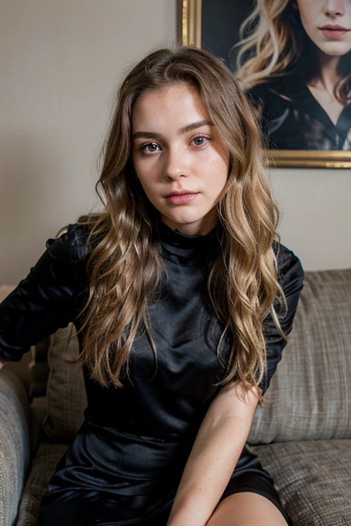 Photo of a 20-year-old American girl, raw, Beautiful woman, (Extra long wavy blonde hair), ((Portrait)), ((Detailed face:1.2)), ((detailed facial featureinely detailed skin), pale skin,,Sit on a comfortable sofa,Cross ed leg,Soft light,wear black silk dress