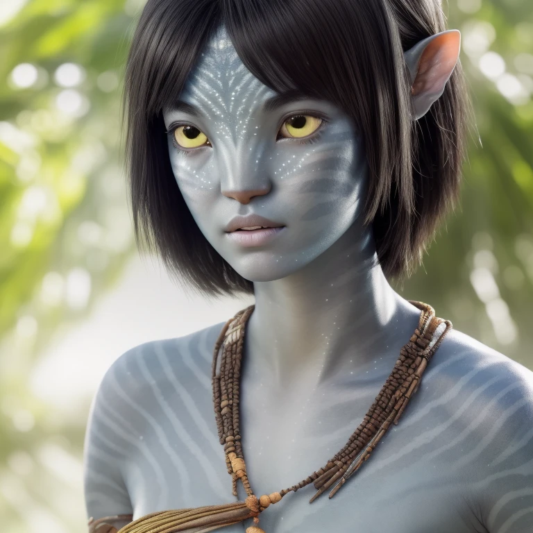 avtr:0.9, avatar style, portrait photo:1.6, 1girl:1, female, (asian, japanese), Rina Fukushi:1, gray skin color:1.0, (gray skin tone:1.3), (short hair:1.0), black hair color, (teen), teenage, wearing tribal clothing, wearing a top:1.3, wearing a loincloth, detailed eyes, toned body, muscled body, glowing, ethereal atmosphere, natural lighting, textured skin, otherworldly beauty, mesmerizing photography, (best quality, highres), vivid colors, ultrarealistic, skin details, striped skin, sfw, face close-up, (eyebrowless:1.0), ultradetailed body