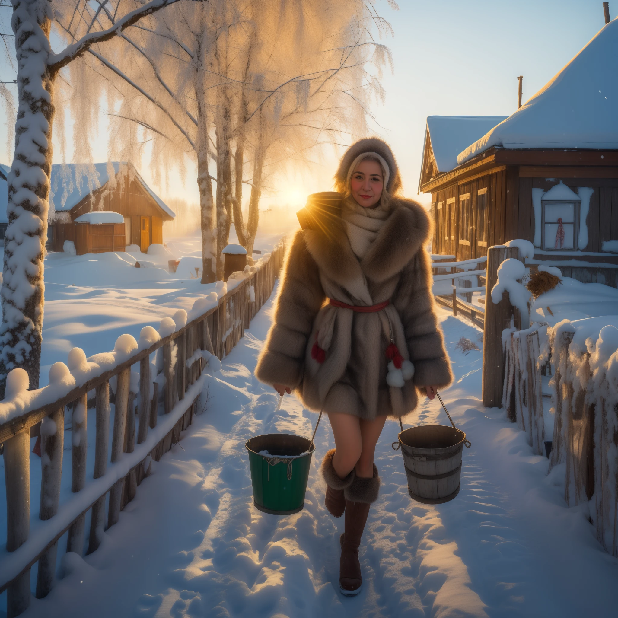 A raffi woman in a fur coat carries two buckets in the snow, Photo by Alexei Gurilev:, photo by Alexei Kurylev, Alexey Venetsianov, Russian village, by Aleksandr Gerasimov, Winter environment, inspired by Alexander Deineka, A sunny winter day, wintertime, by Mikhail Evstafiev